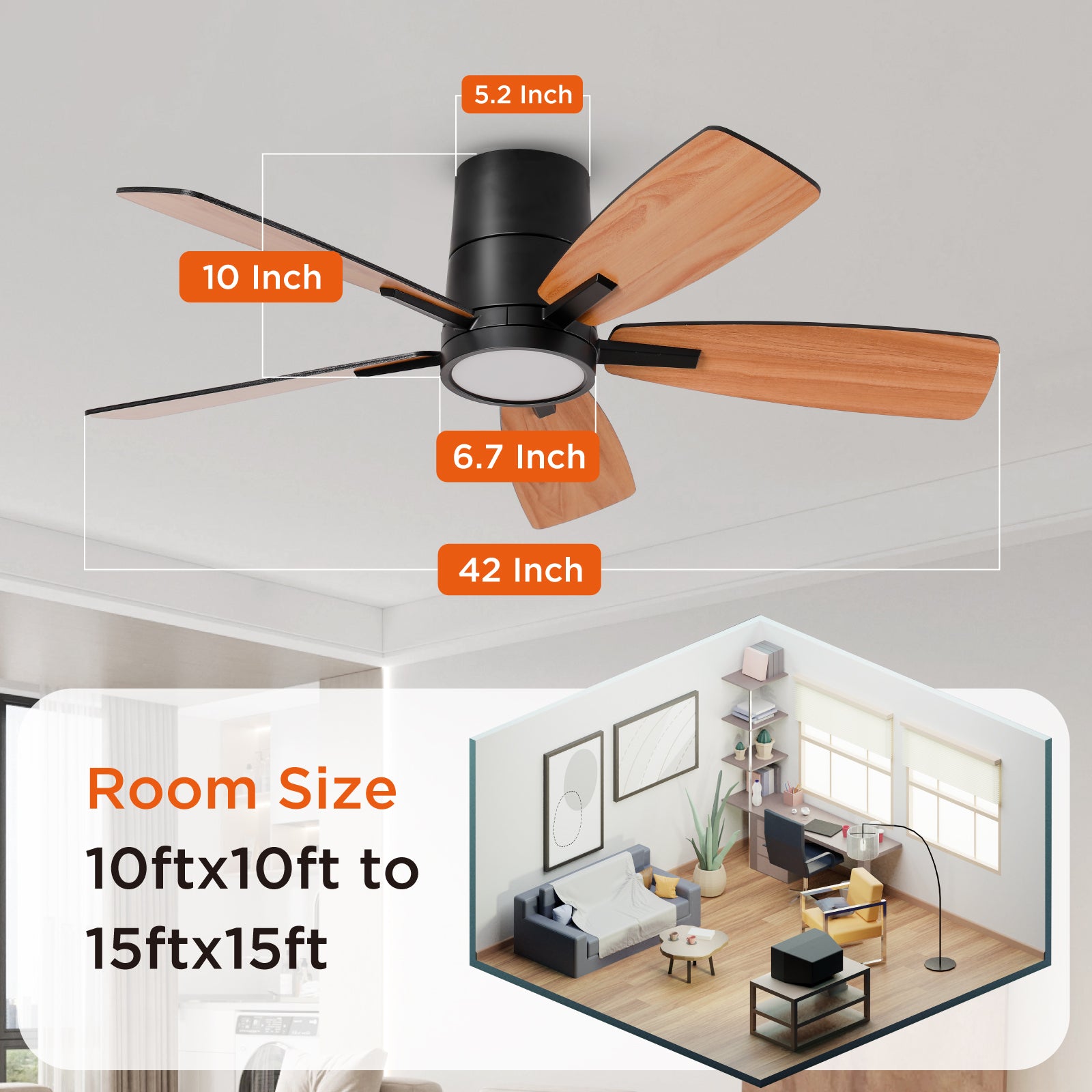 42 Inch Flush Mount Dimmable Ceiling Fan with Remote Control