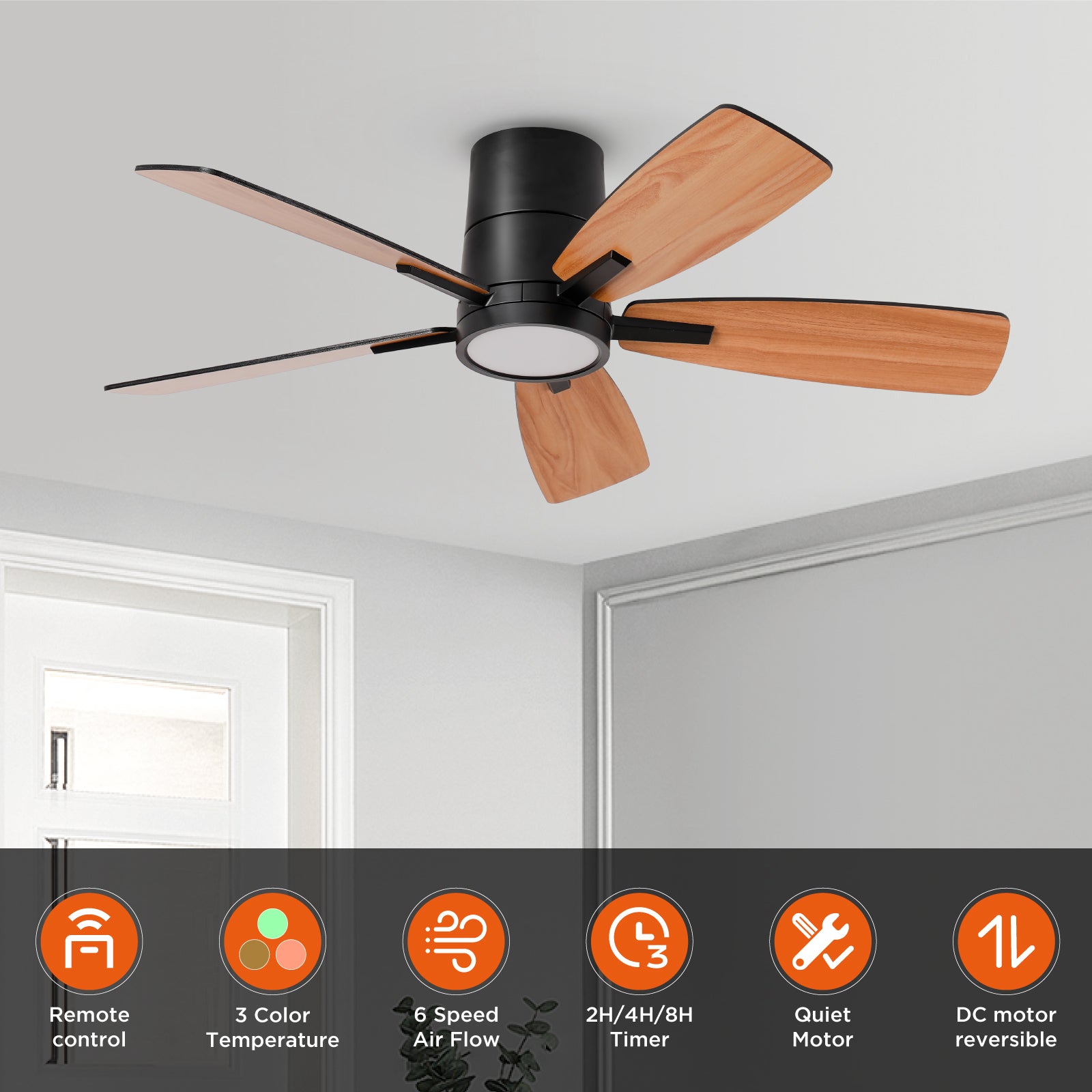42 Inch Flush Mount Dimmable Ceiling Fan with Remote Control