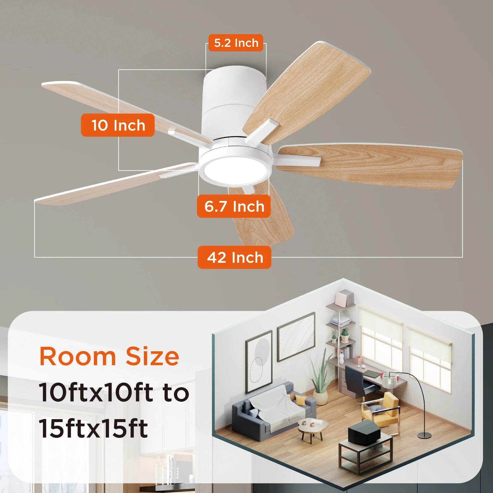 42 Inch Ceiling Fan Light with 5 Plywood Blades, DC Motor