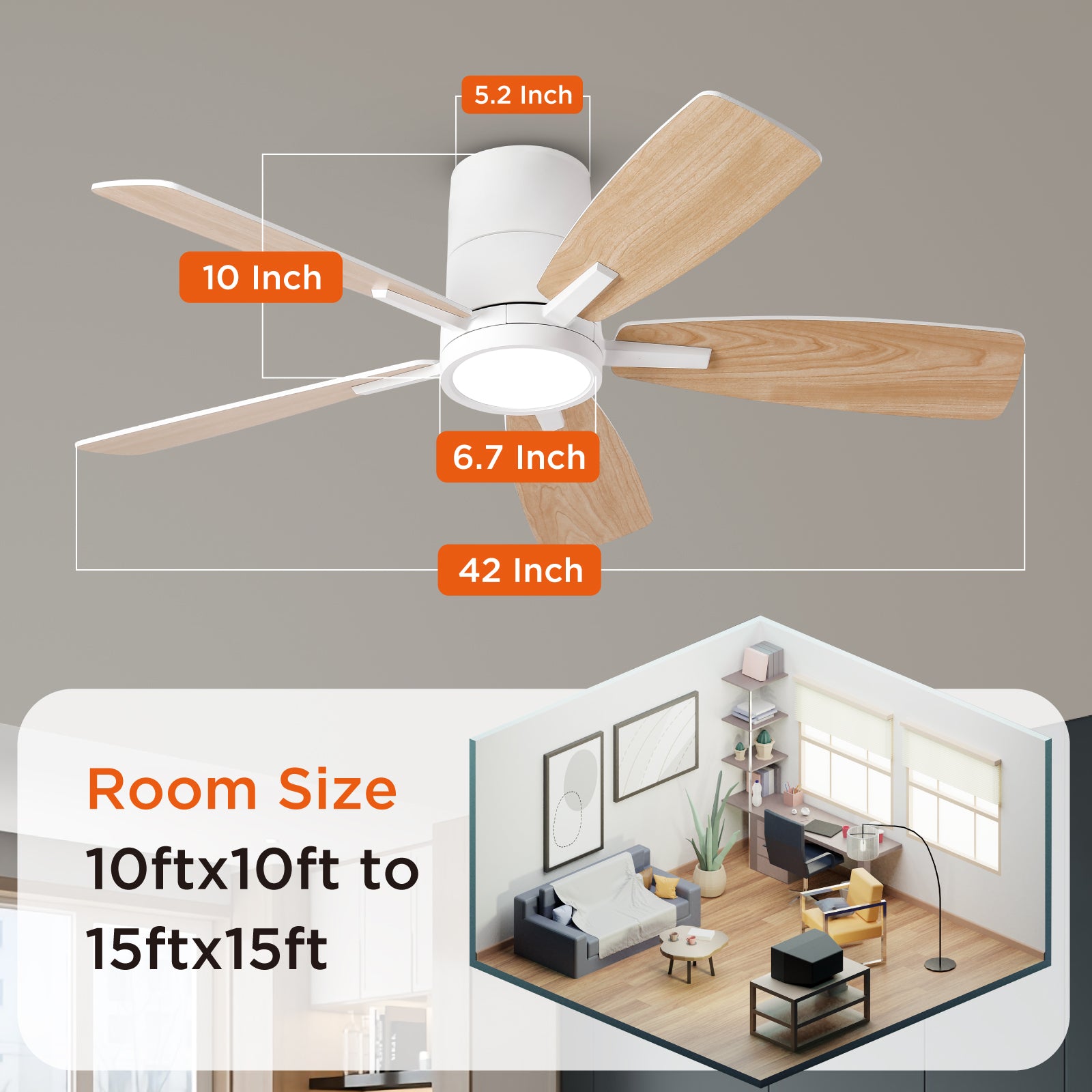 42 Inch Flush Mount Dimmable Ceiling Fan with Remote Control