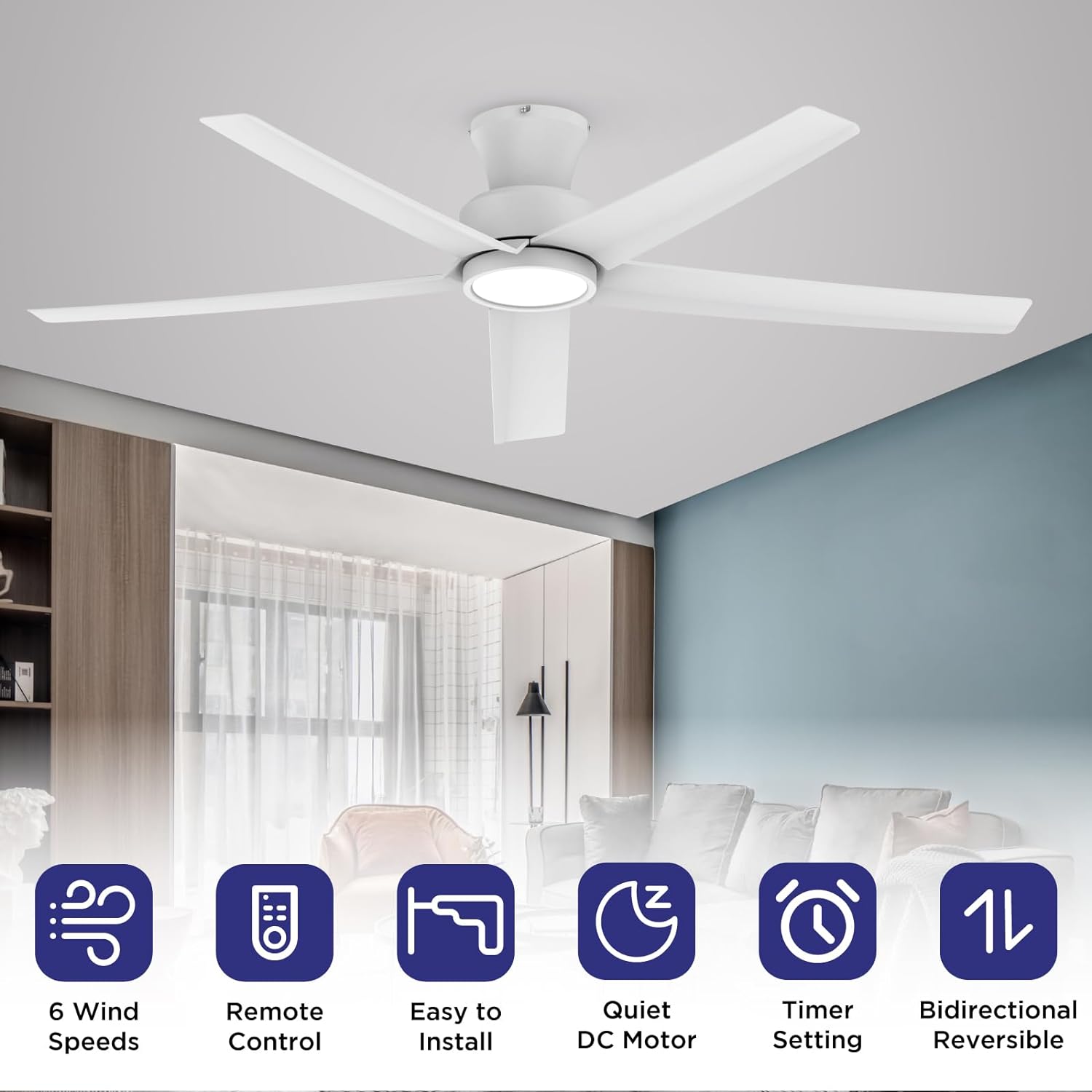 52-Inch Flush Mount Ceiling Fan with LED Lights
