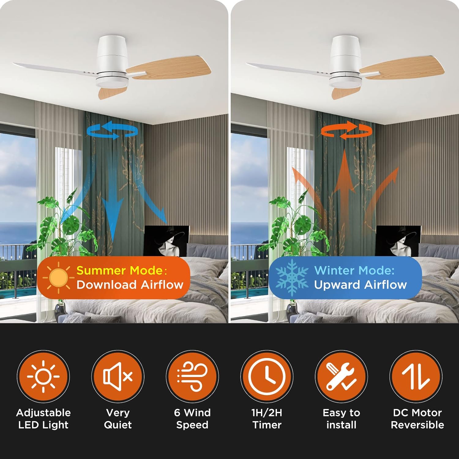 42 Inch Reversible Ceiling Fan with LED Light, Noiseless