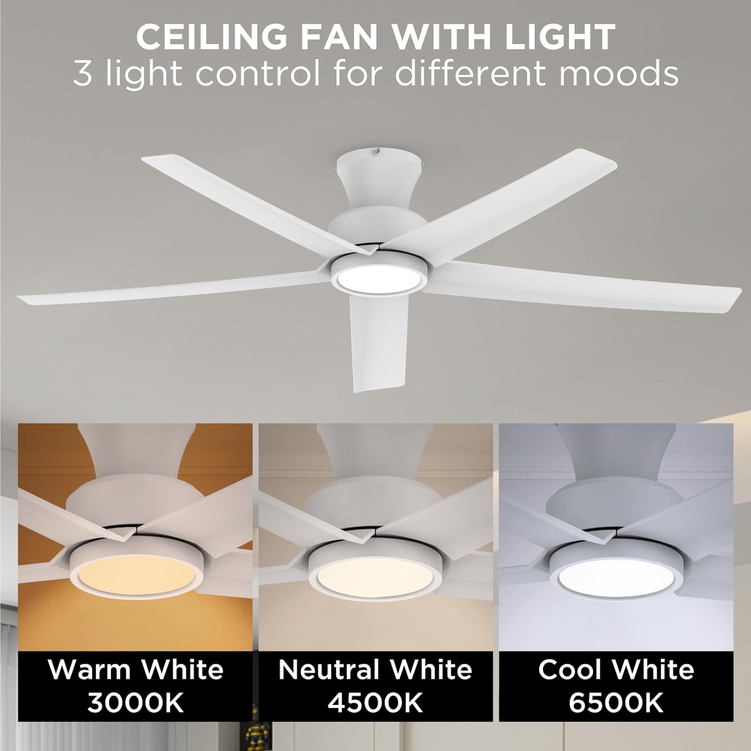 52-Inch Flush Mount Ceiling Fan with LED Lights
