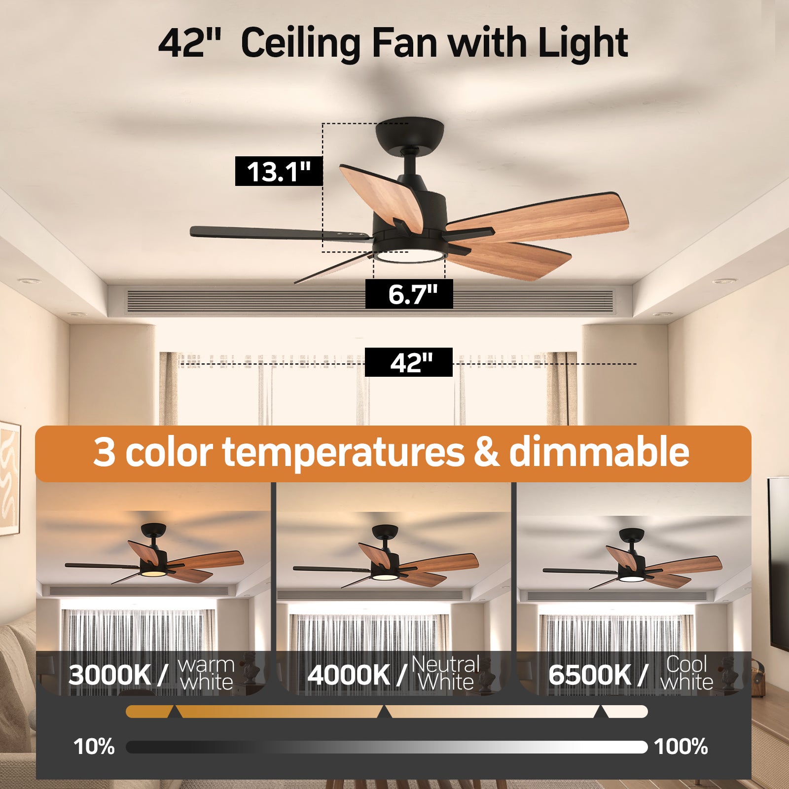 42 Inch Downrod Dimmable Ceiling Fan with Remote Control