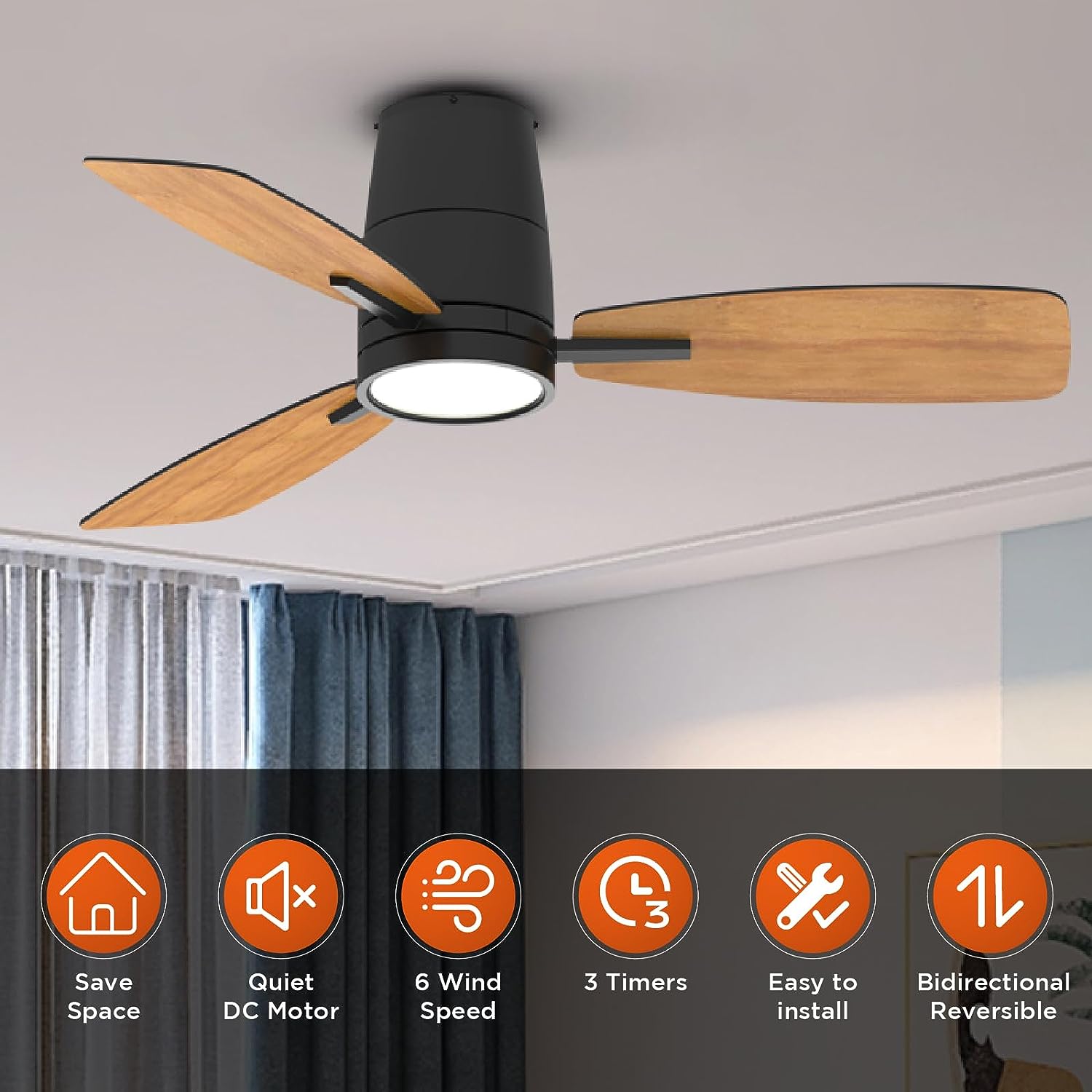 42 Inch Reversible Ceiling Fan with LED Light, Noiseless