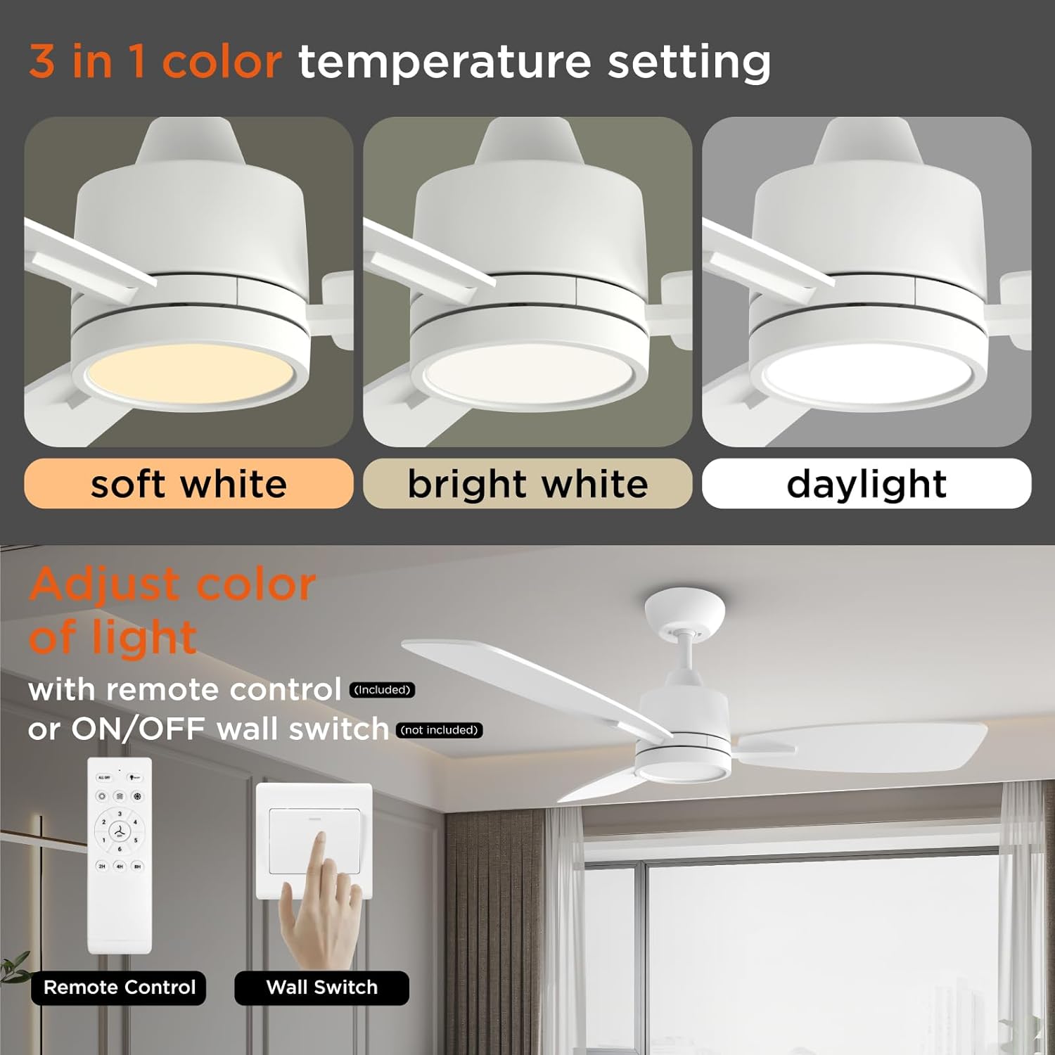 3 Blades Modern Ceiling Fan with LED Lights, 3 Color Temperature