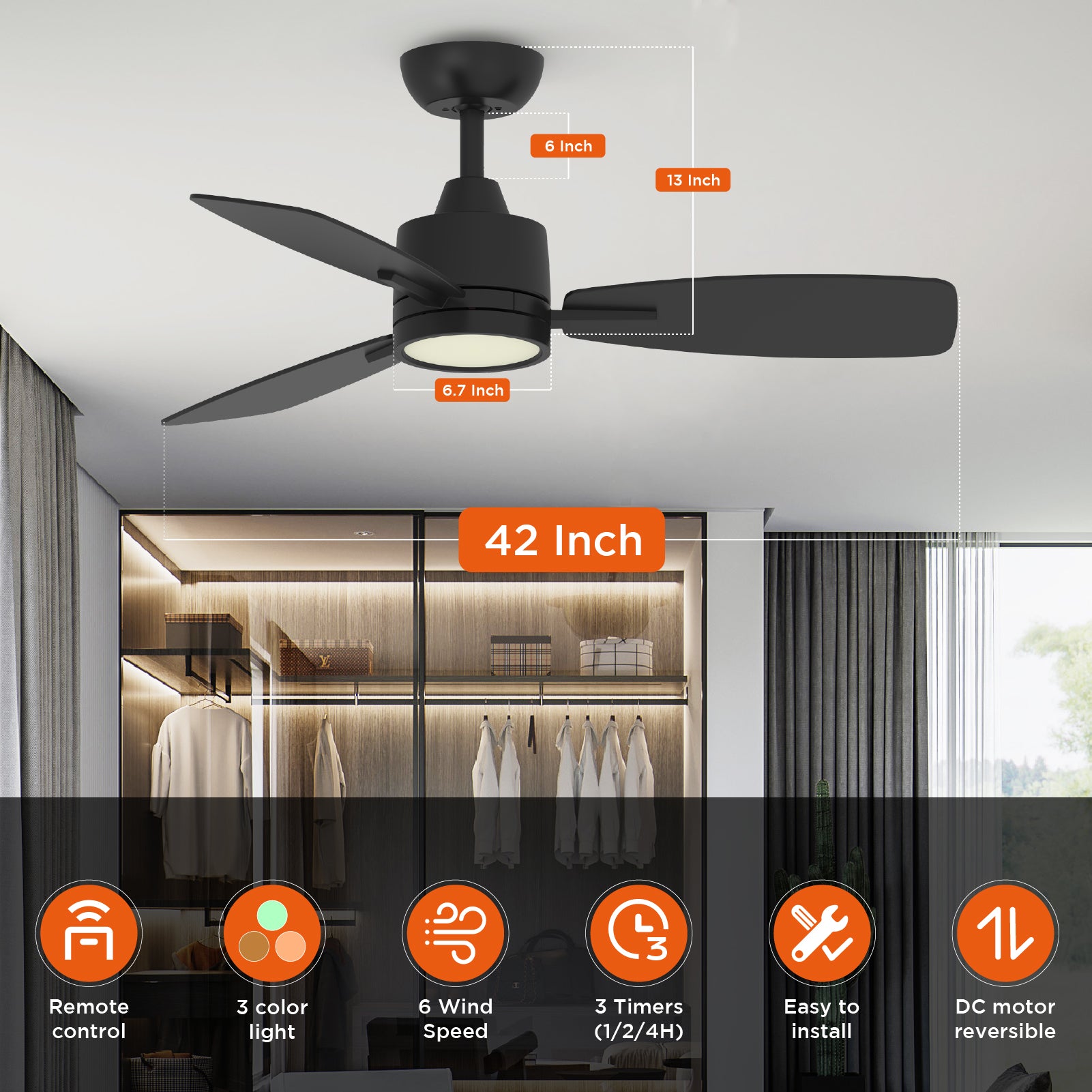 3 Blades Modern Ceiling Fan with LED Lights, 3 Color Temperature
