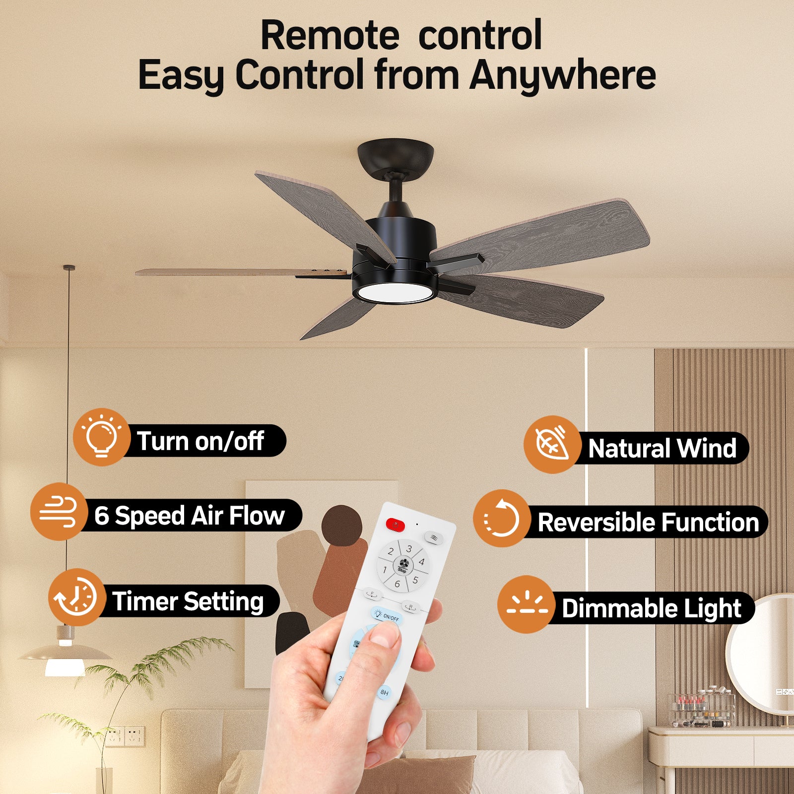 42 Inch Downrod Dimmable Ceiling Fan with Remote Control