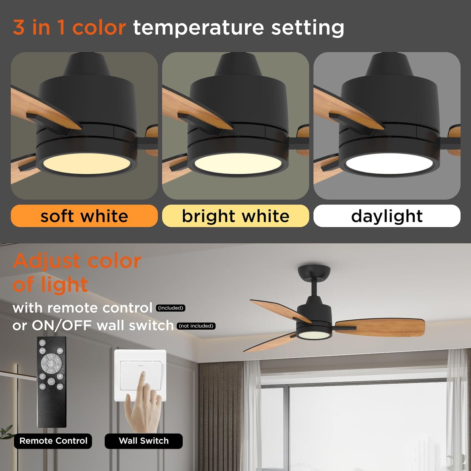 3 Blades Modern Ceiling Fan with LED Lights, 3 Color Temperature