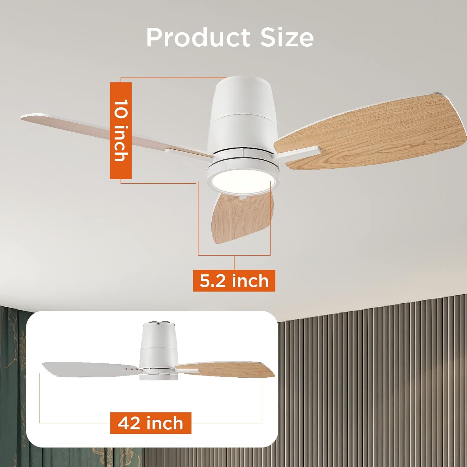 42 Inch Reversible Ceiling Fan with LED Light, Noiseless