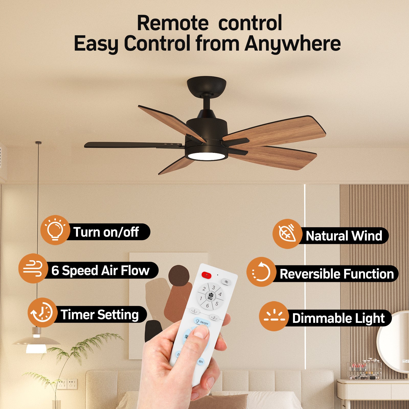 42 Inch Downrod Dimmable Ceiling Fan with Remote Control