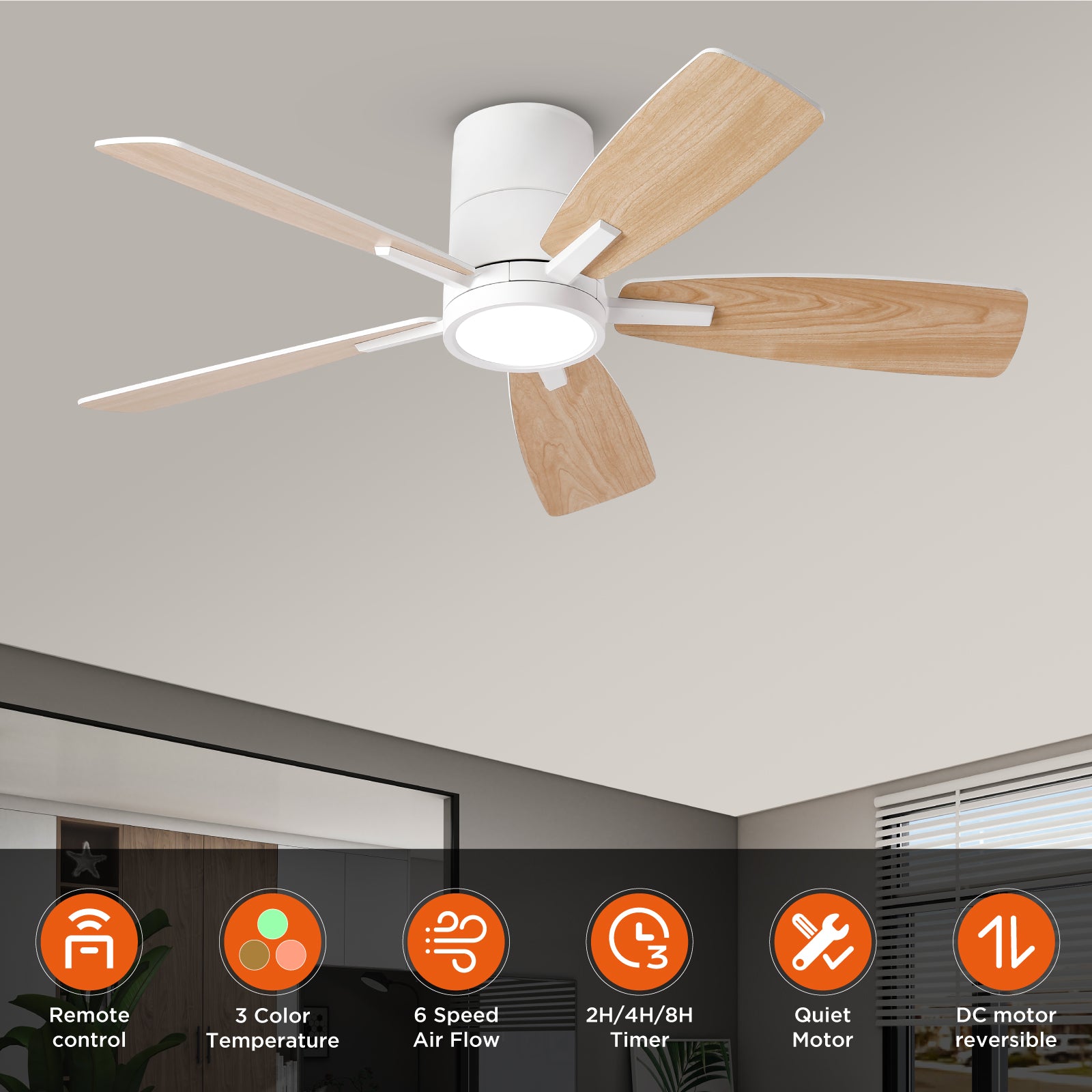 42 Inch Flush Mount Dimmable Ceiling Fan with Remote Control