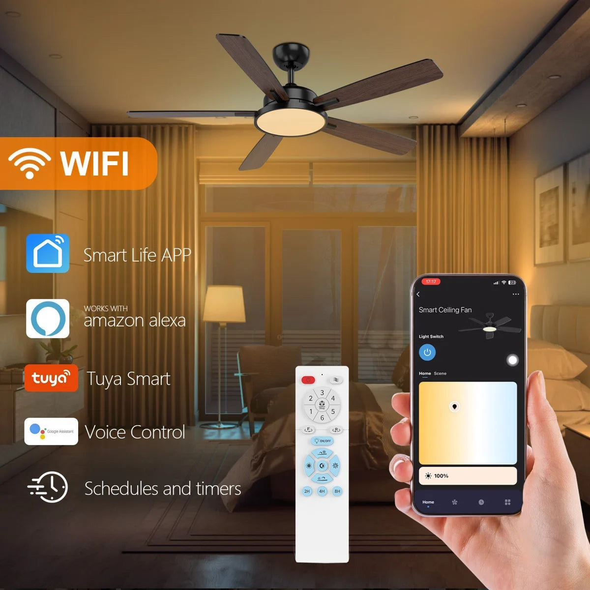 Smart 5 Blades Downrod Fan Lighting with Remote Control