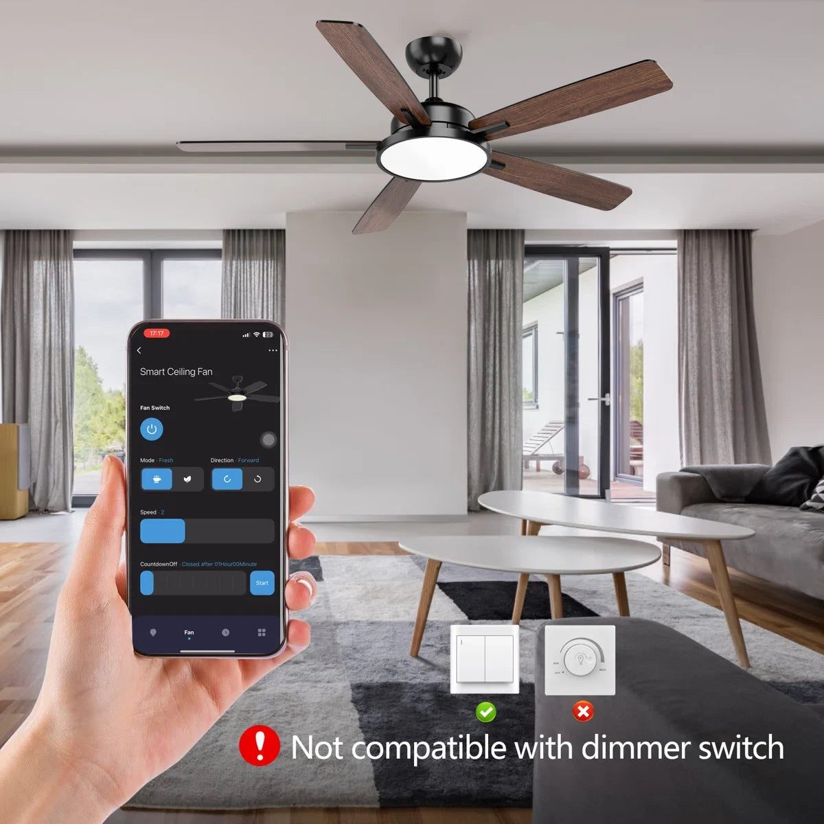 Smart 5 Blades Downrod Fan Lighting with Remote Control