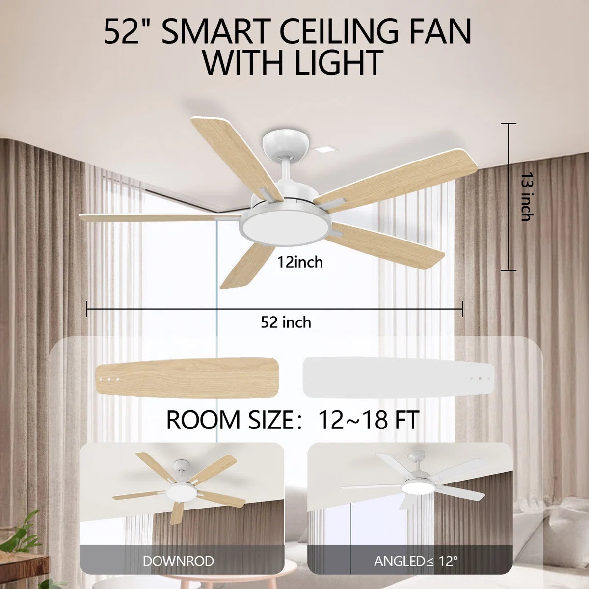 Smart 5 Blades Downrod Fan Lighting with Remote Control