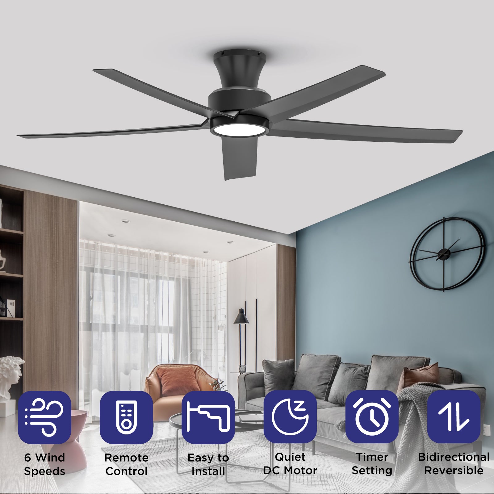 52-Inch Flush Mount Ceiling Fan with LED Lights