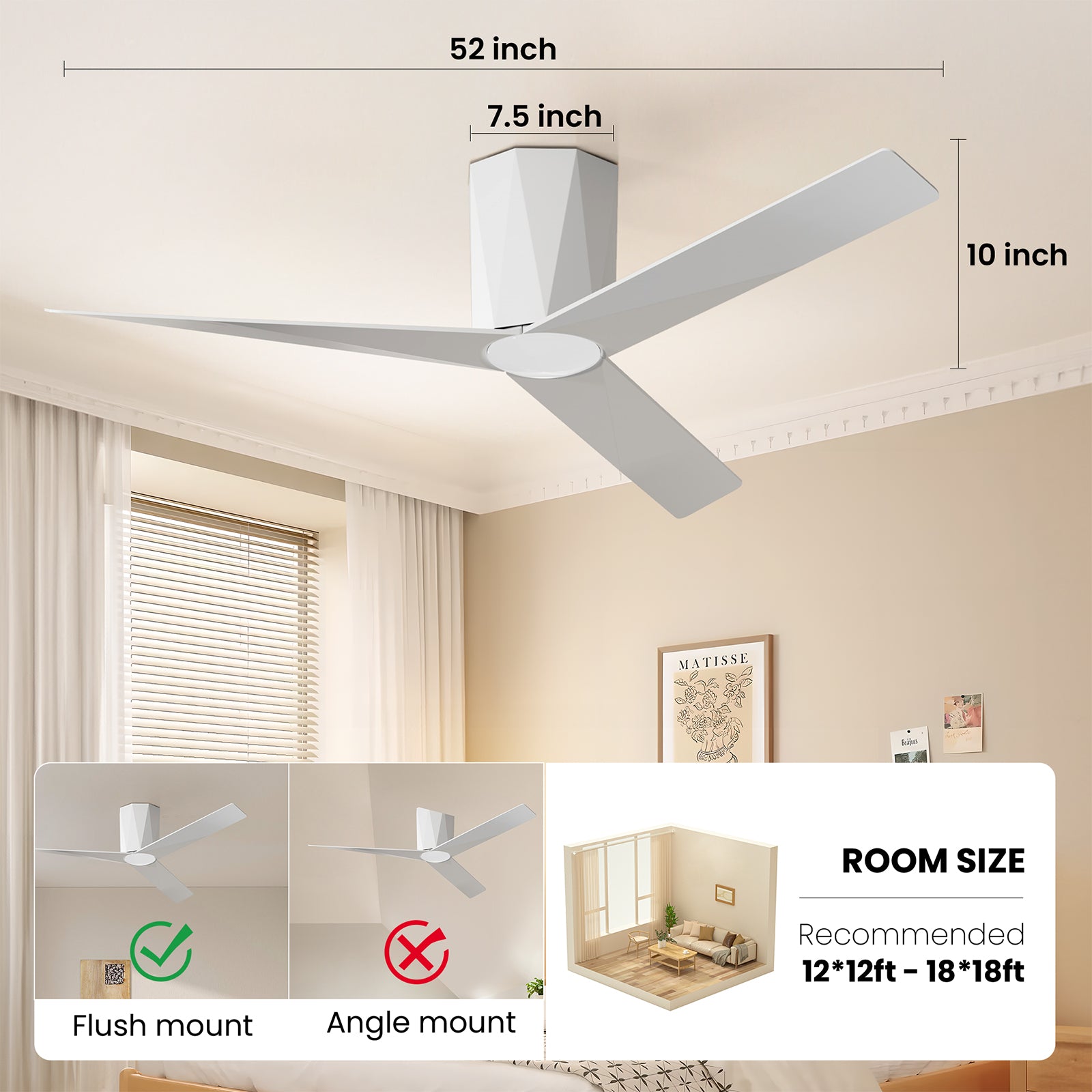 52 Inch Flush Mount Ceiling Fans with Led Dimmable Lights