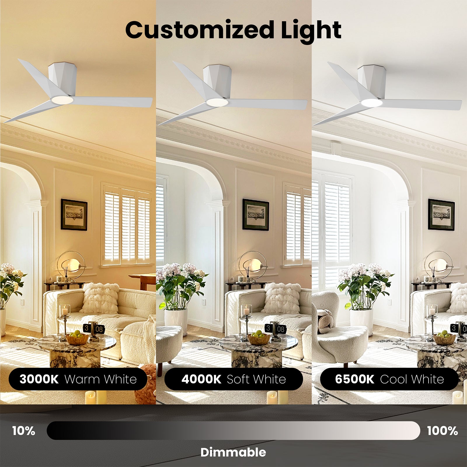 52 Inch Flush Mount Ceiling Fans with Led Dimmable Lights