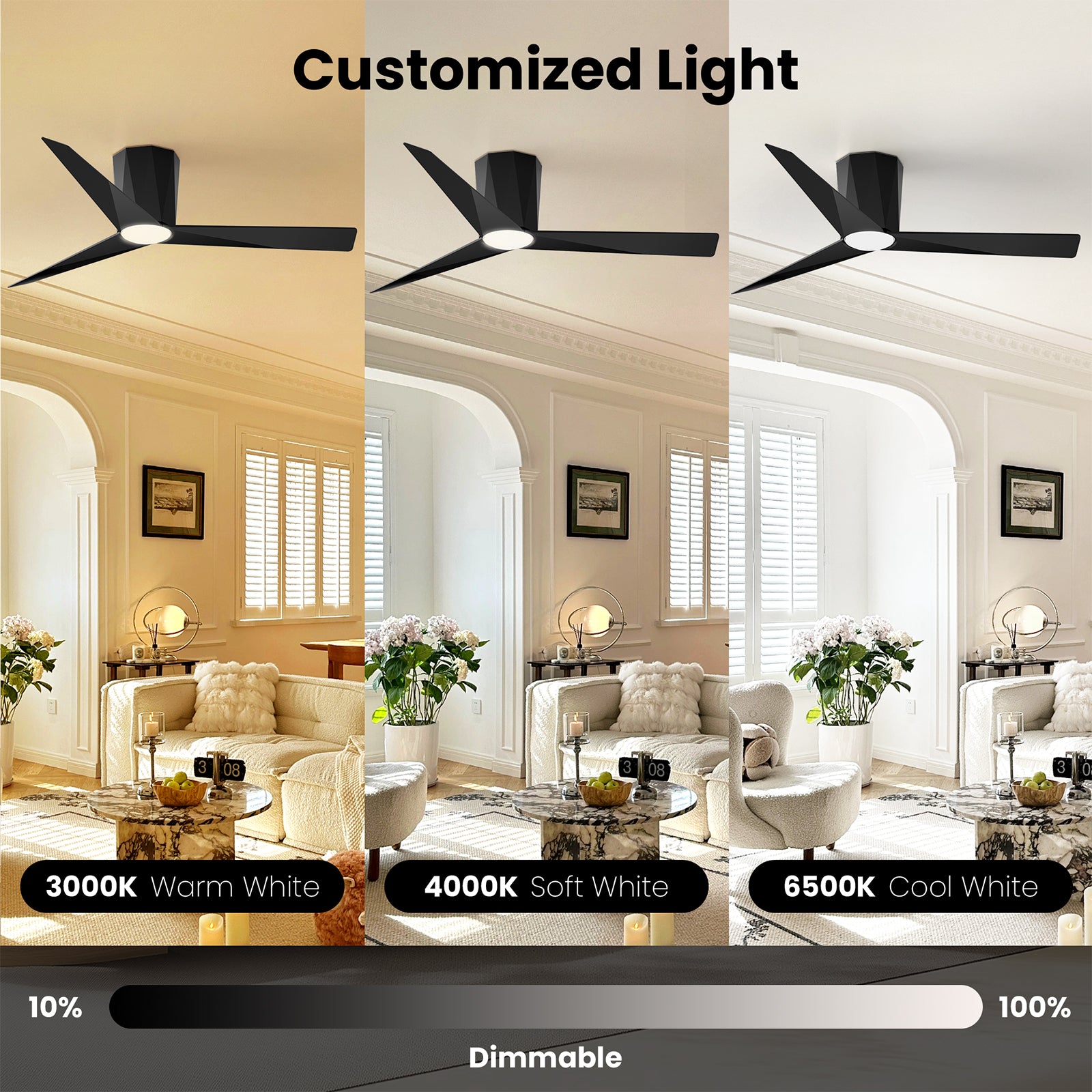 52 Inch Flush Mount Ceiling Fans with Led Dimmable Lights