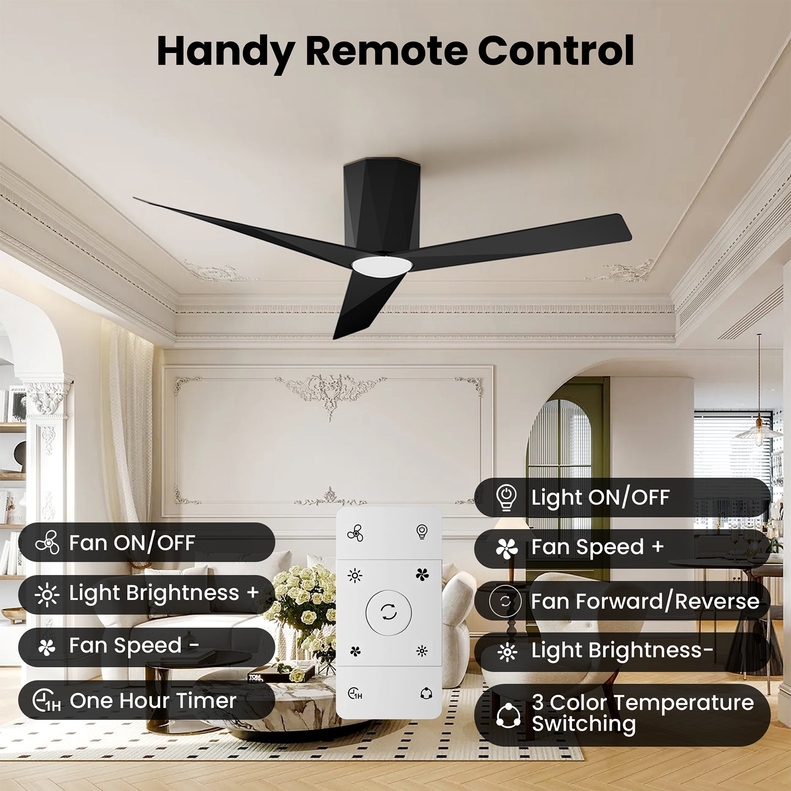 52 Inch Flush Mount Ceiling Fans with Led Dimmable Lights