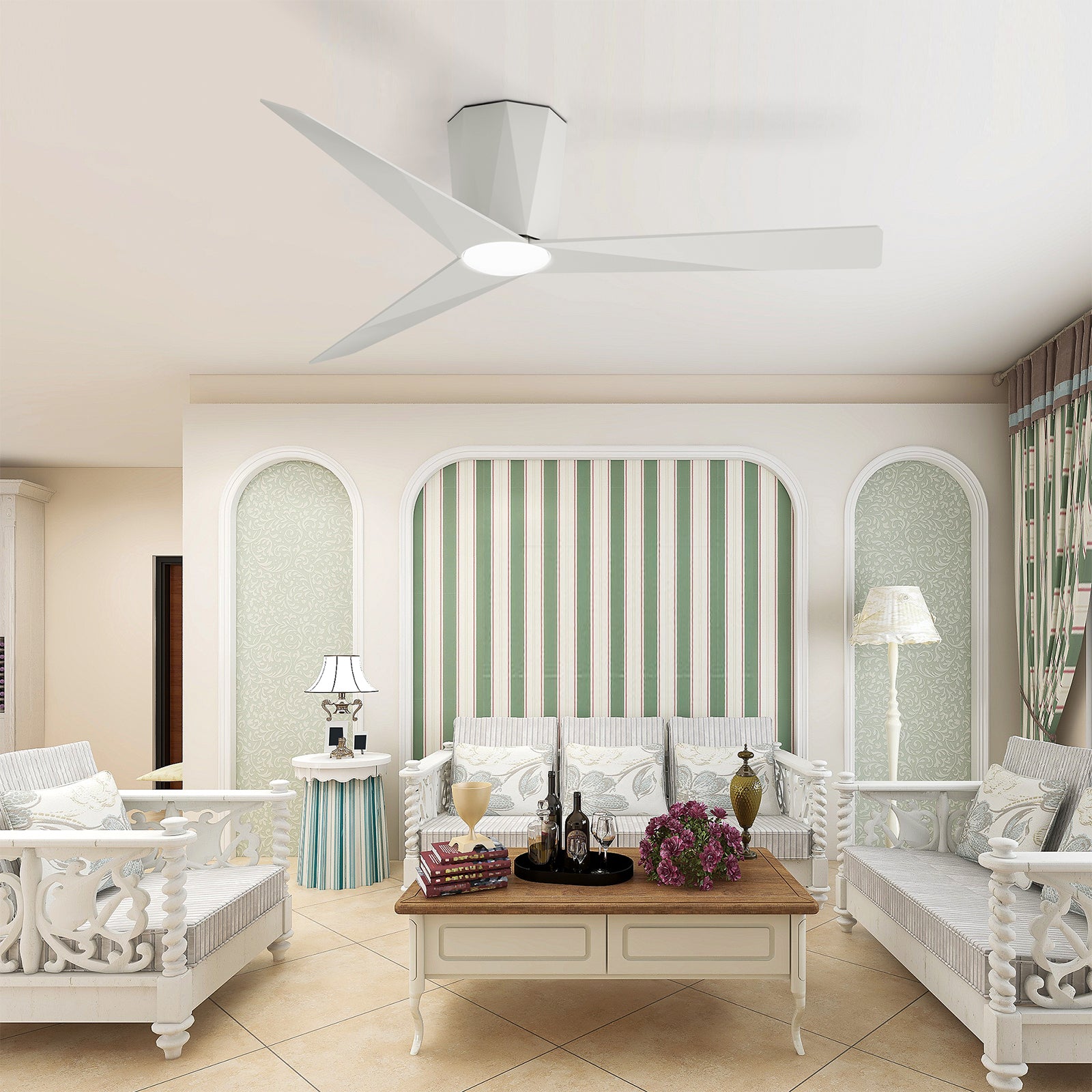 52 Inch Flush Mount Ceiling Fans with Led Dimmable Lights