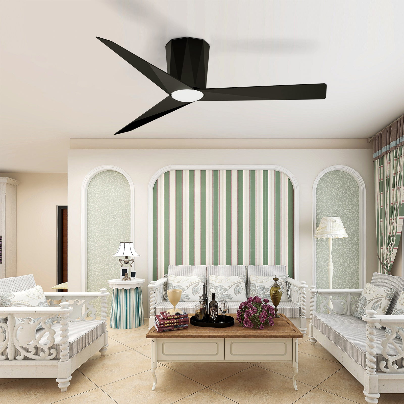 52 Inch Flush Mount Ceiling Fans with Led Dimmable Lights
