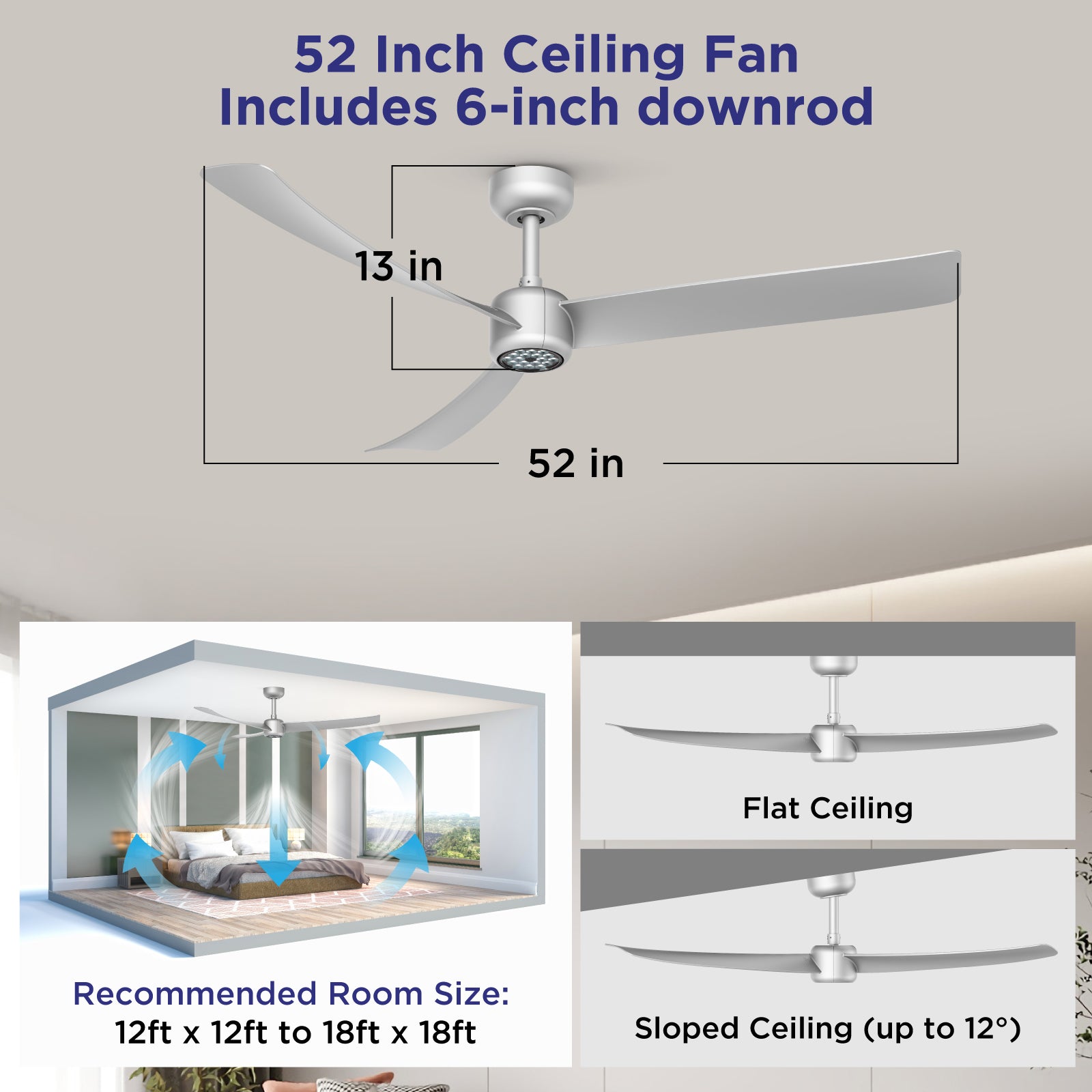 I3 52 Inch Downrod LED Fan Lighting, ABS Blades