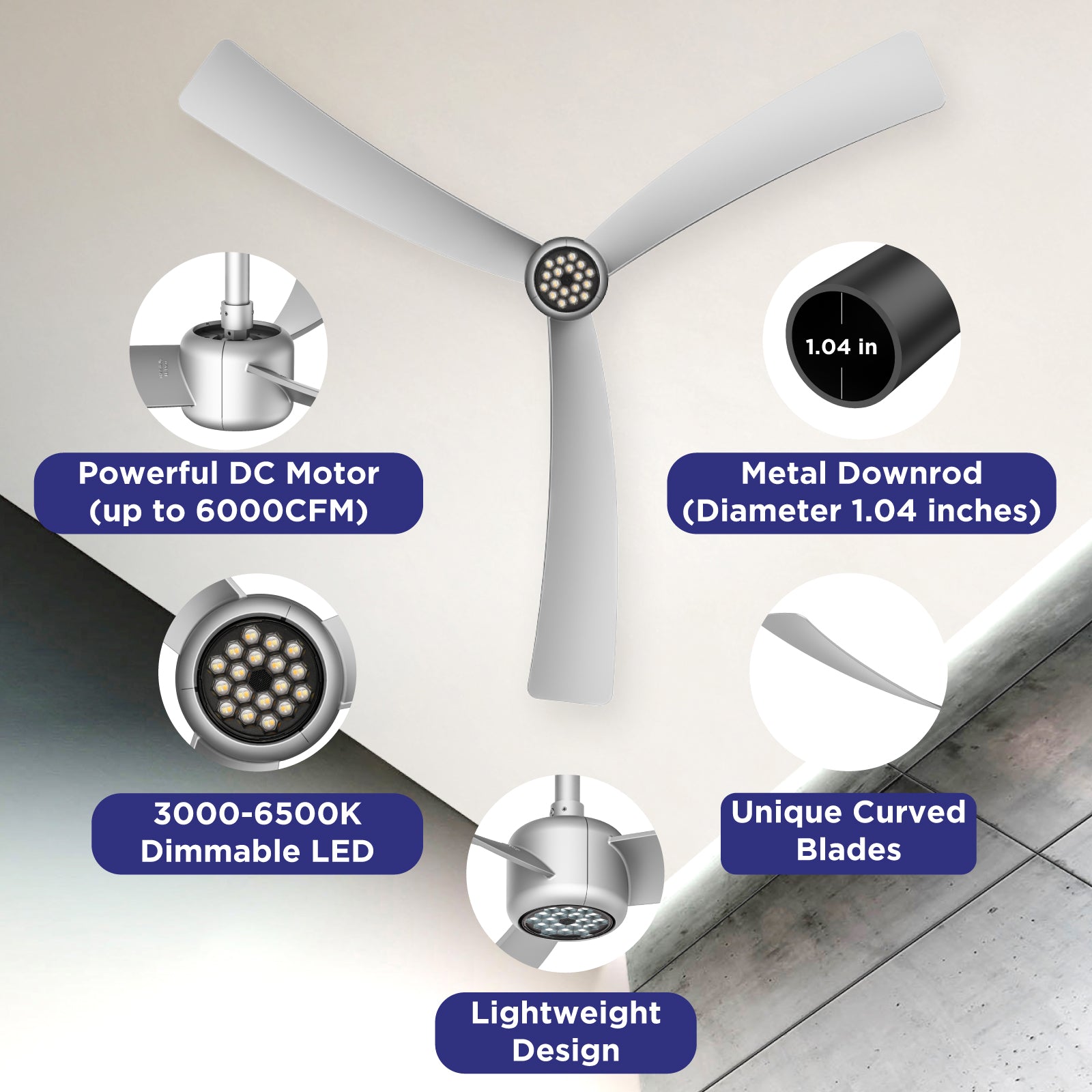 I3 52 Inch Downrod LED Fan Lighting, ABS Blades
