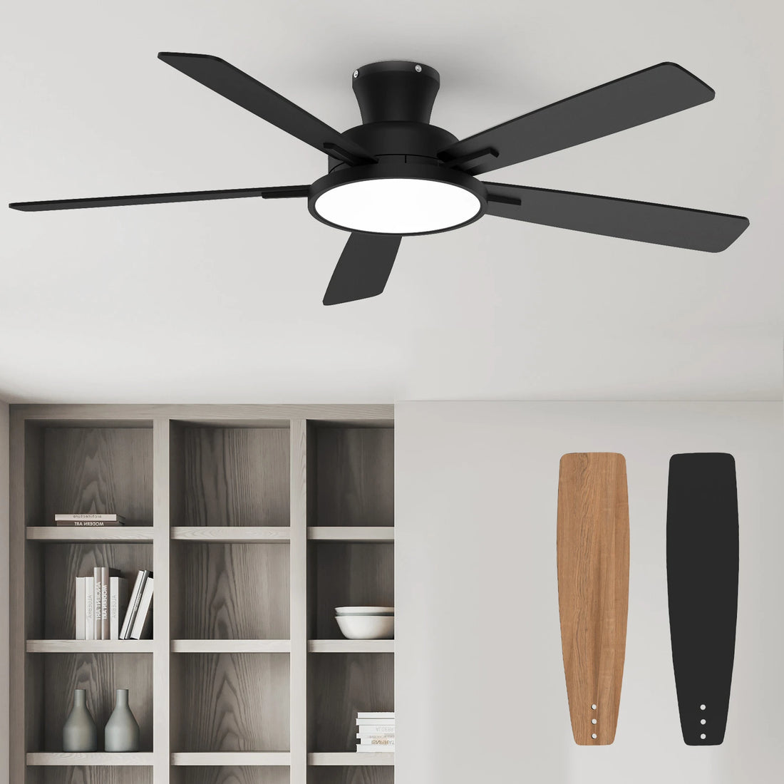 T5 52" Flush Ceiling Fan with Light with Plywood Blades