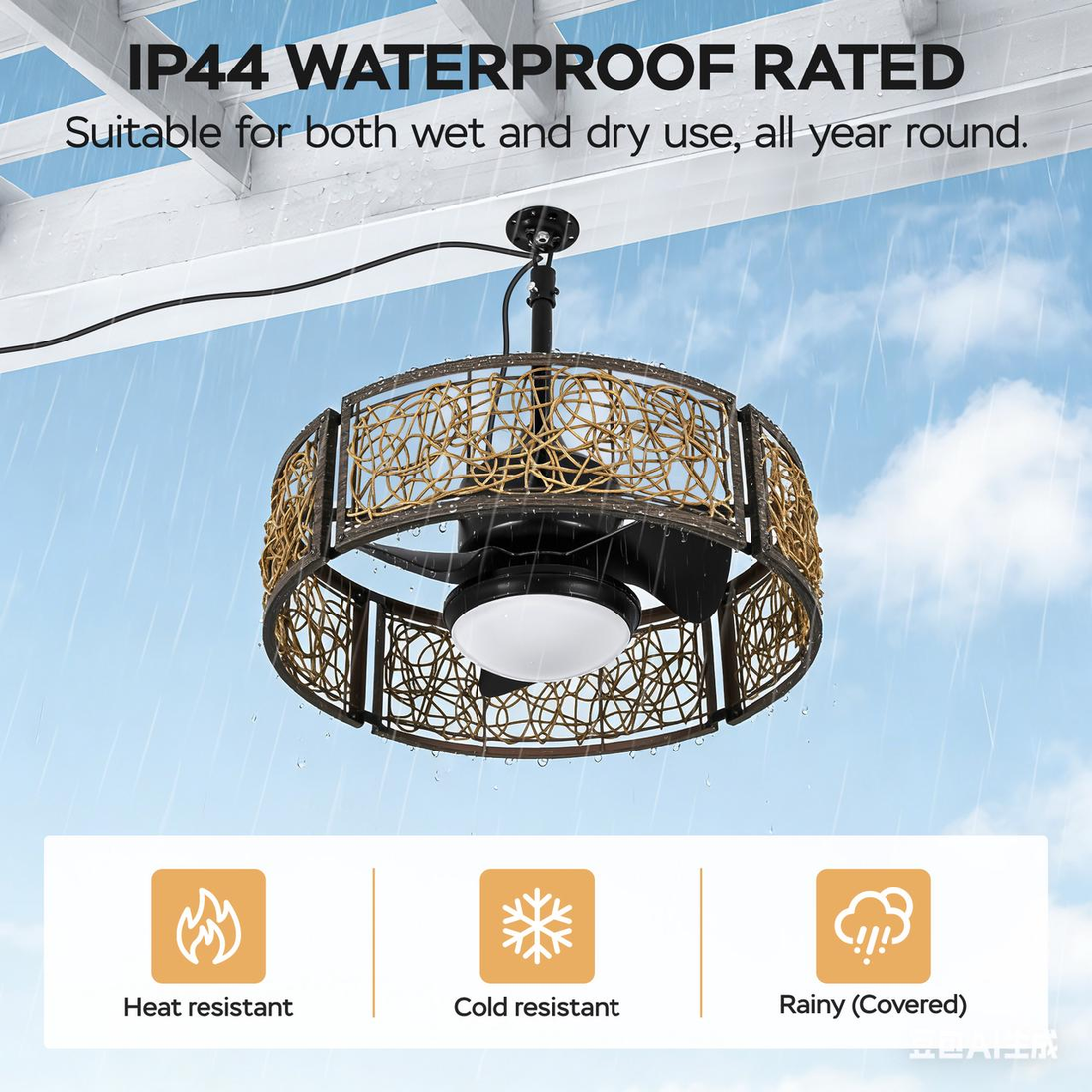 20 Inch 3 Blades Farmhouse LED Caged Ceiling Fan Waterproof IP44