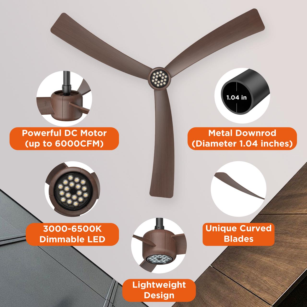 I3 52 Inch Downrod LED Fan Lighting, ABS Blades