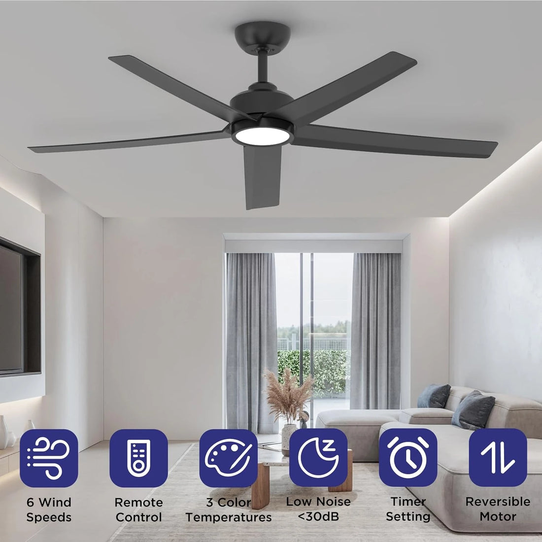 W5 52" Ceiling Fan with Light Remote Control Stepless 3 Color Temperature
