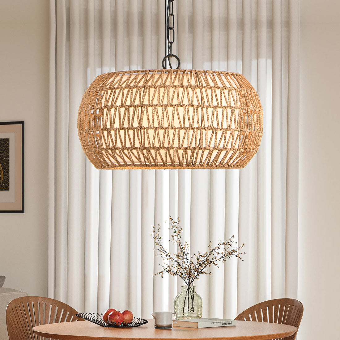 Hand Woven Pendant Light with Linen Shade