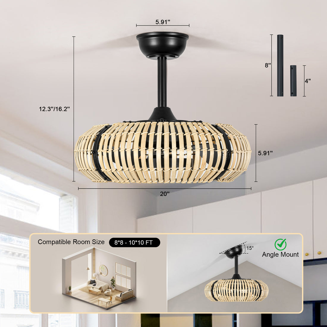 20 Inch LED Caged Bamboo Chip Ceiling Fan