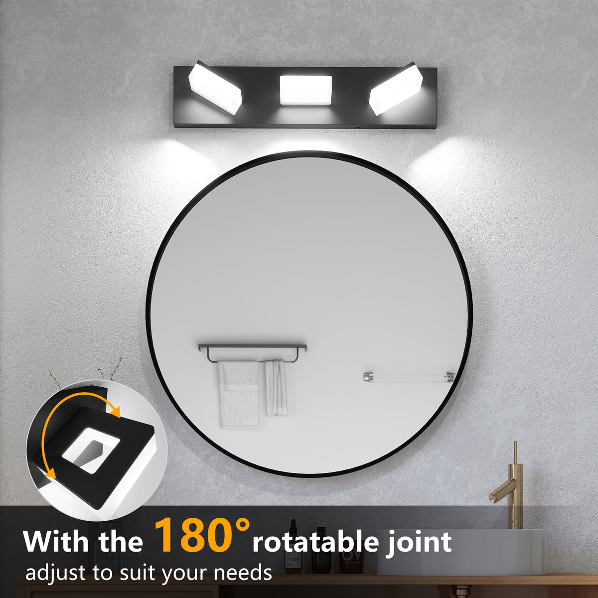 Rotable LED 6000K Modern Black Bathroom Wall Lighting Fixtures – Taloya ...