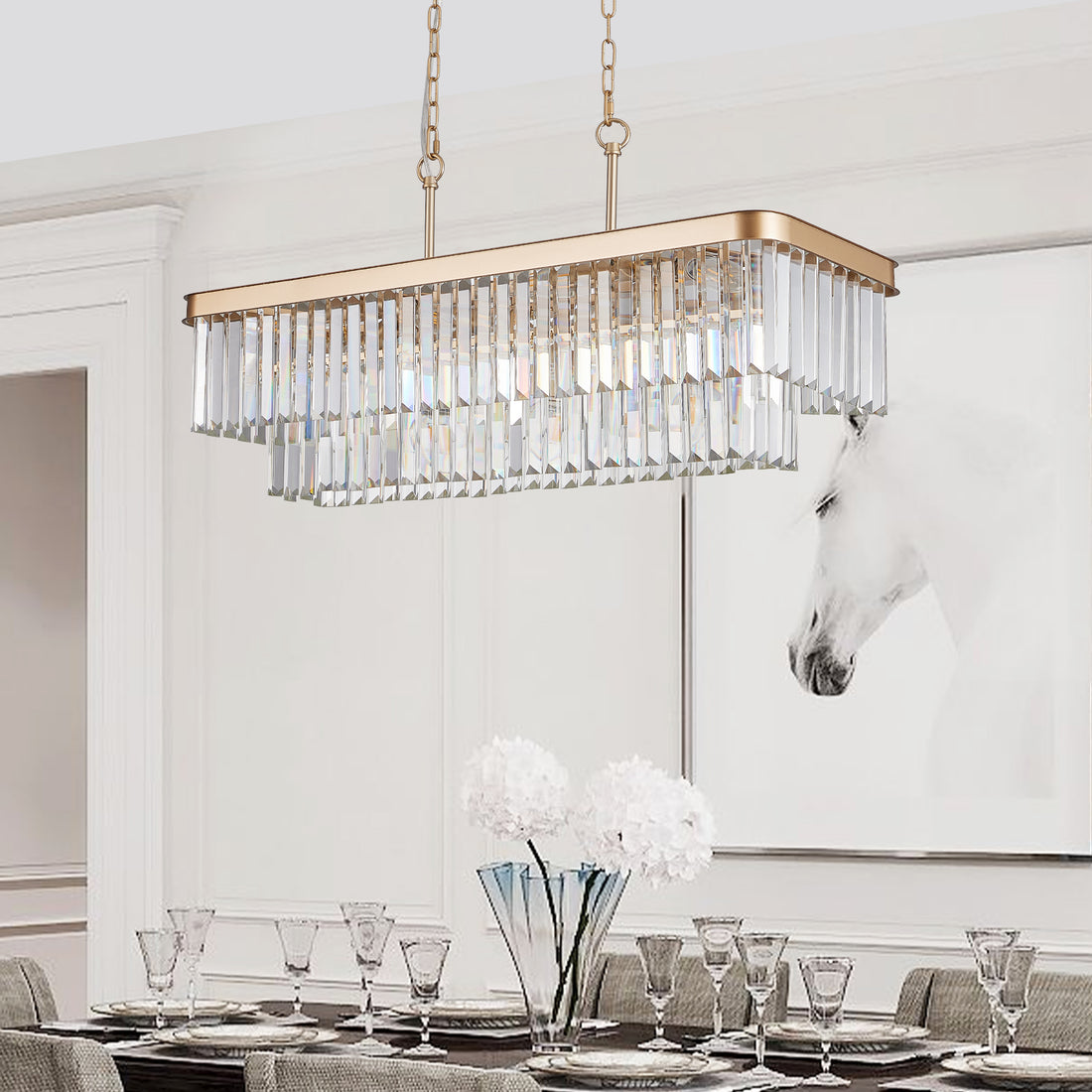 Modern Rectangle Crystal Chandelier, Gold Linear