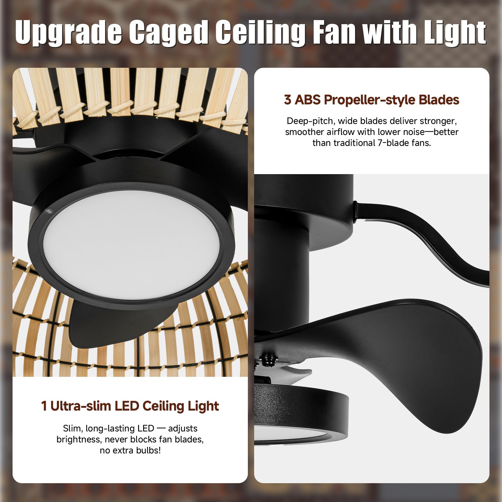 20 Inch LED Caged Bamboo Chip Ceiling Fan
