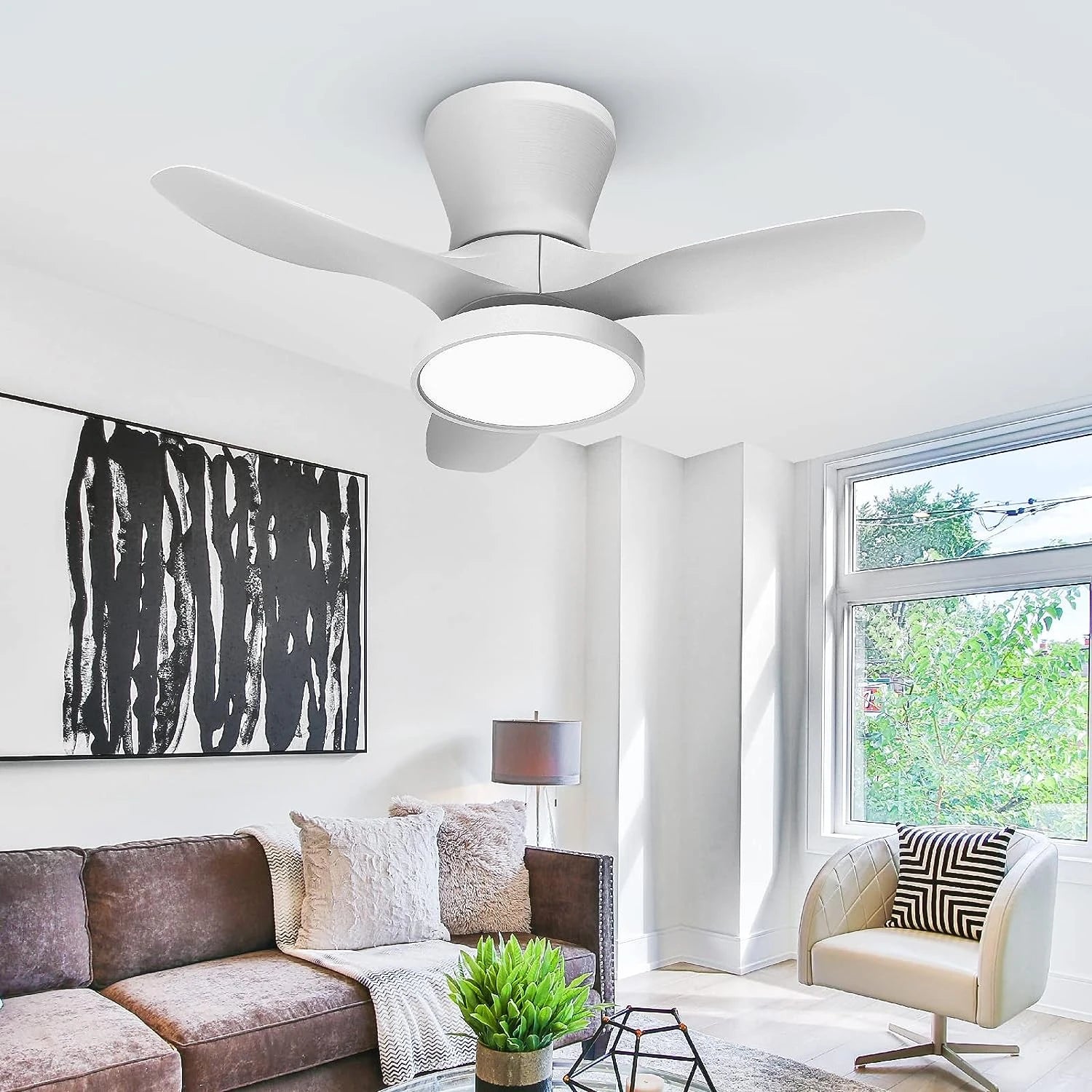 32 Inch Flush Mount Small Fan Lighting for Bedroom