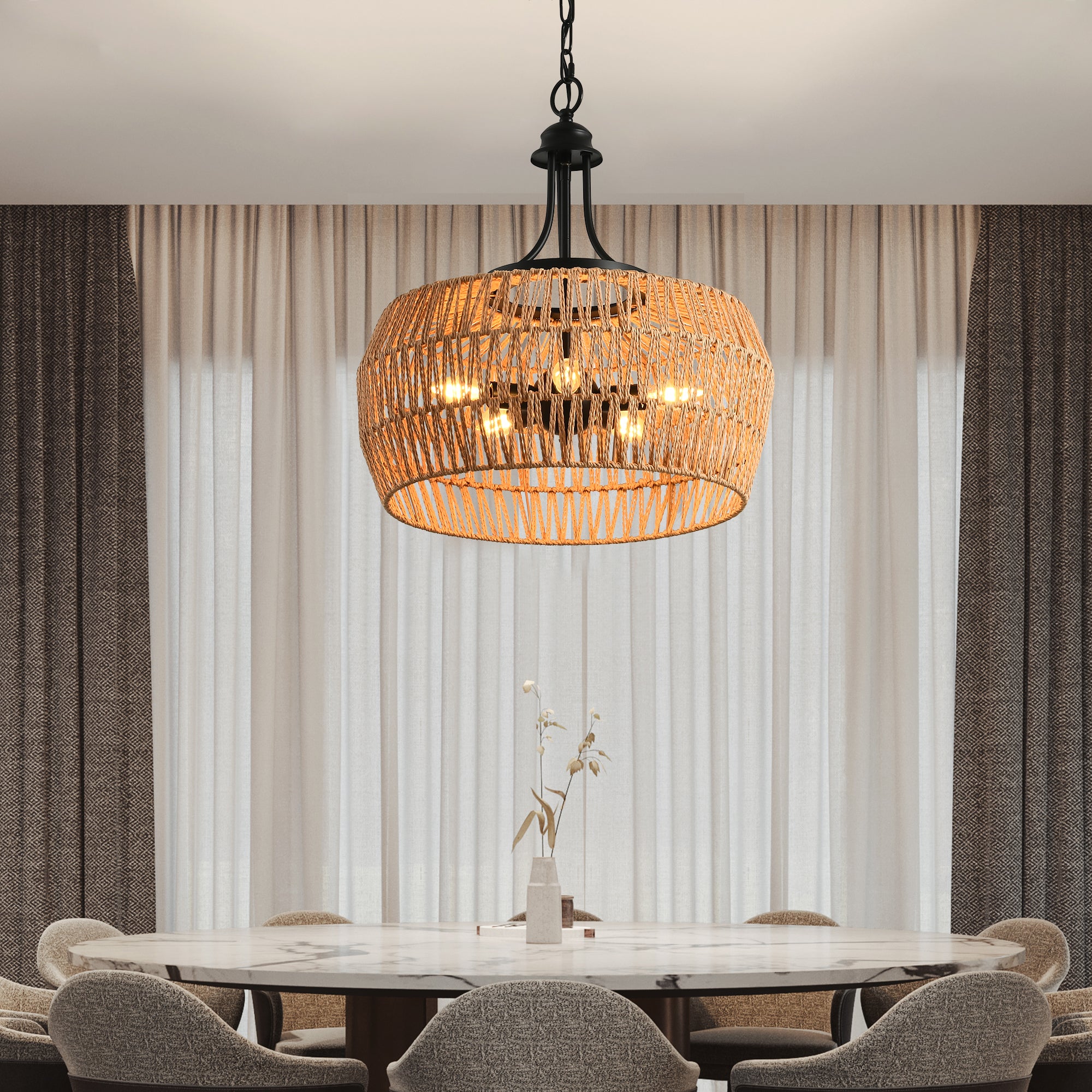 5-Light Rattan Pendant Light with Wicker Lampshade