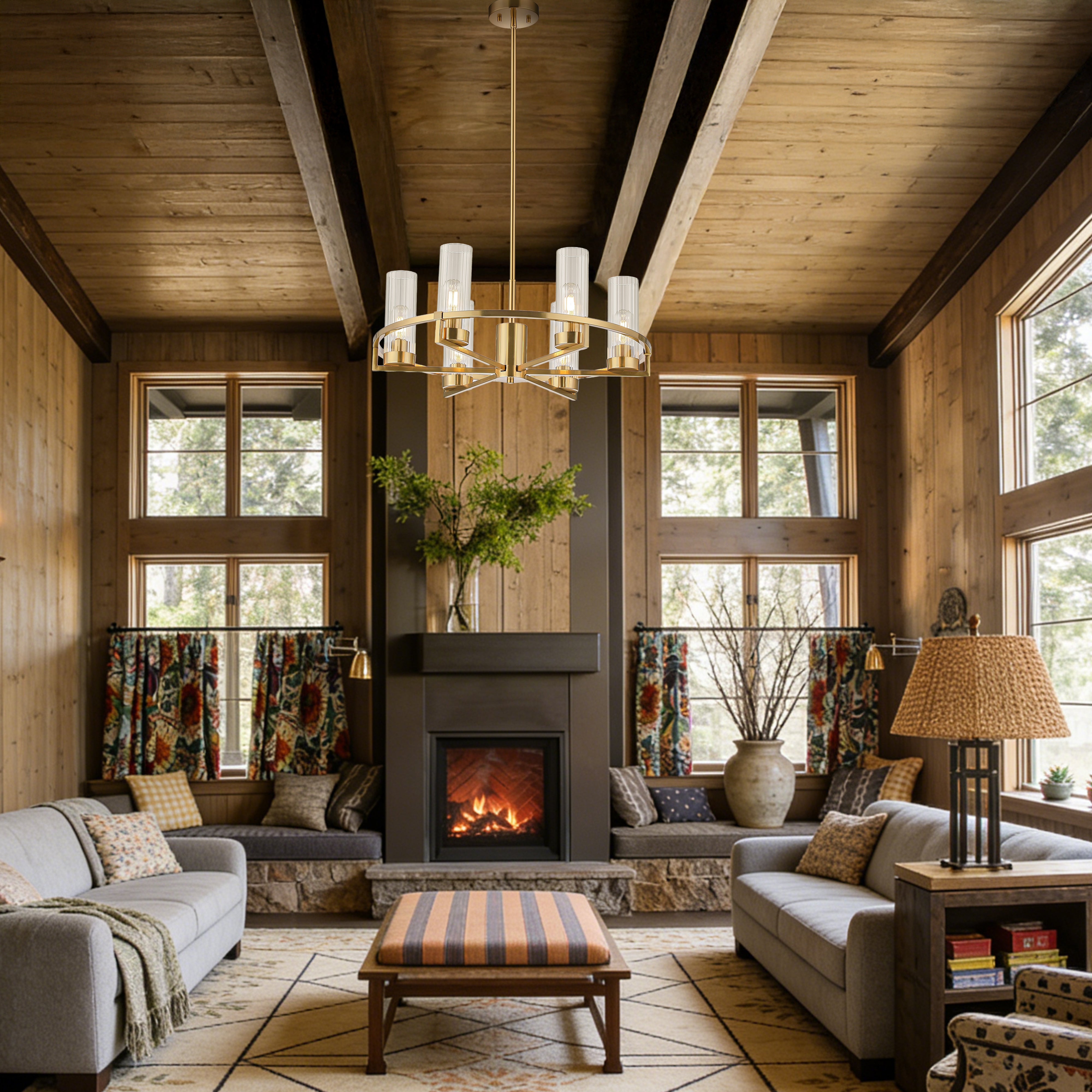 Antique Brass Modern Column Glass Chandeliers