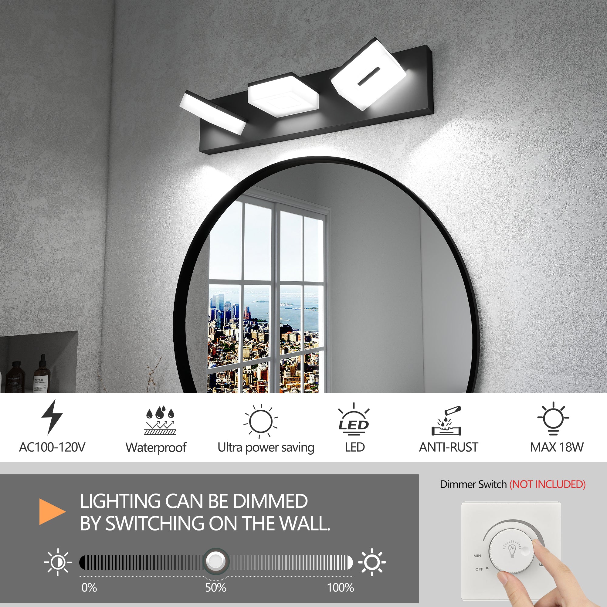 LED Modern Black Bathroom Wall Lighting Fixtures