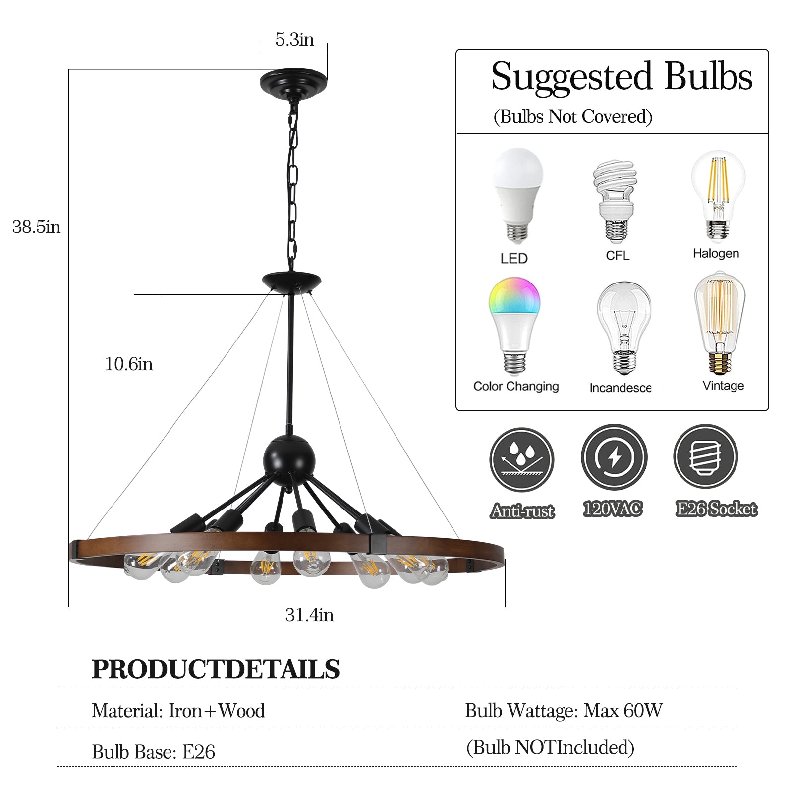 Large Farmhouse Wagon Wheel Chandelier