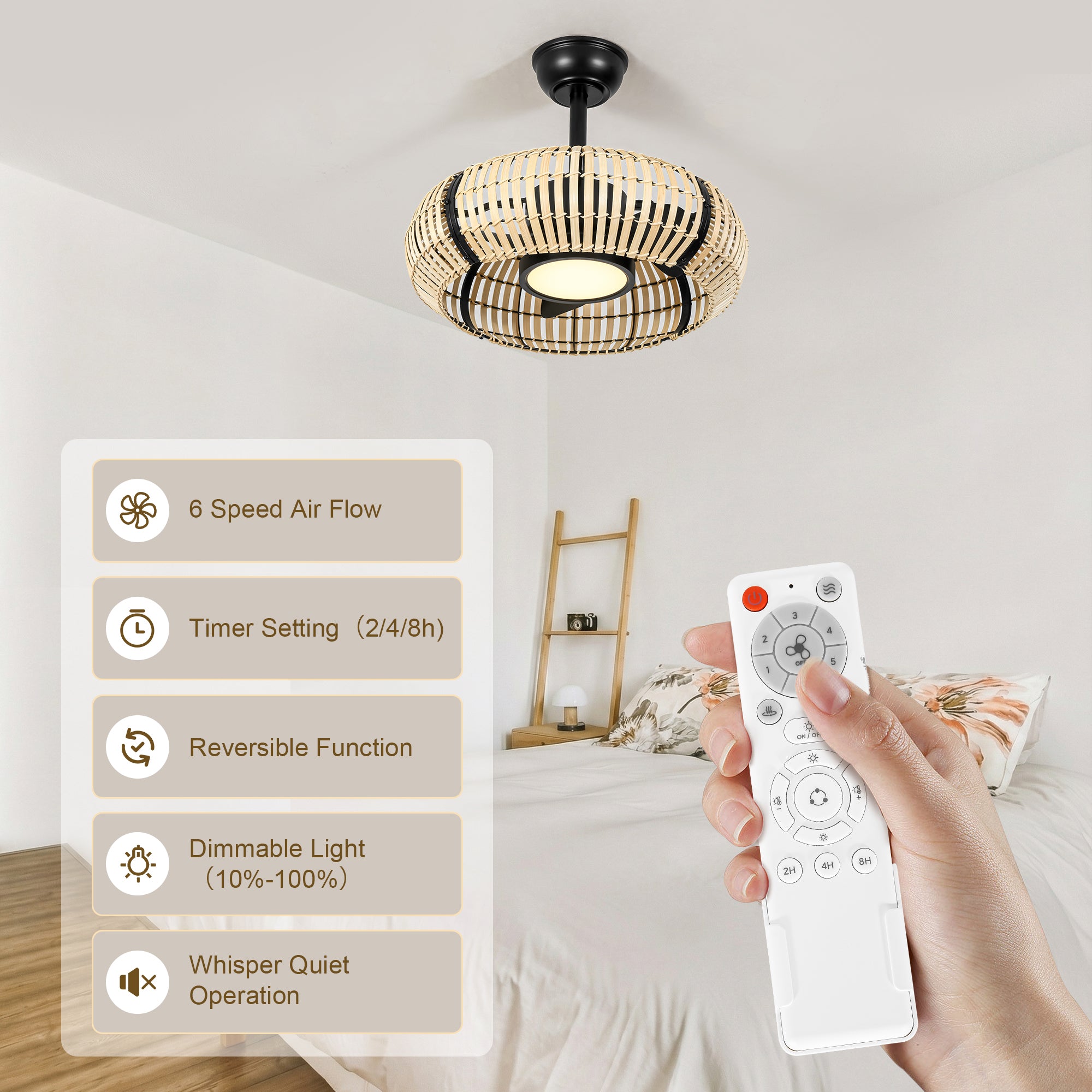 20 Inch LED Caged Bamboo Chip Ceiling Fan