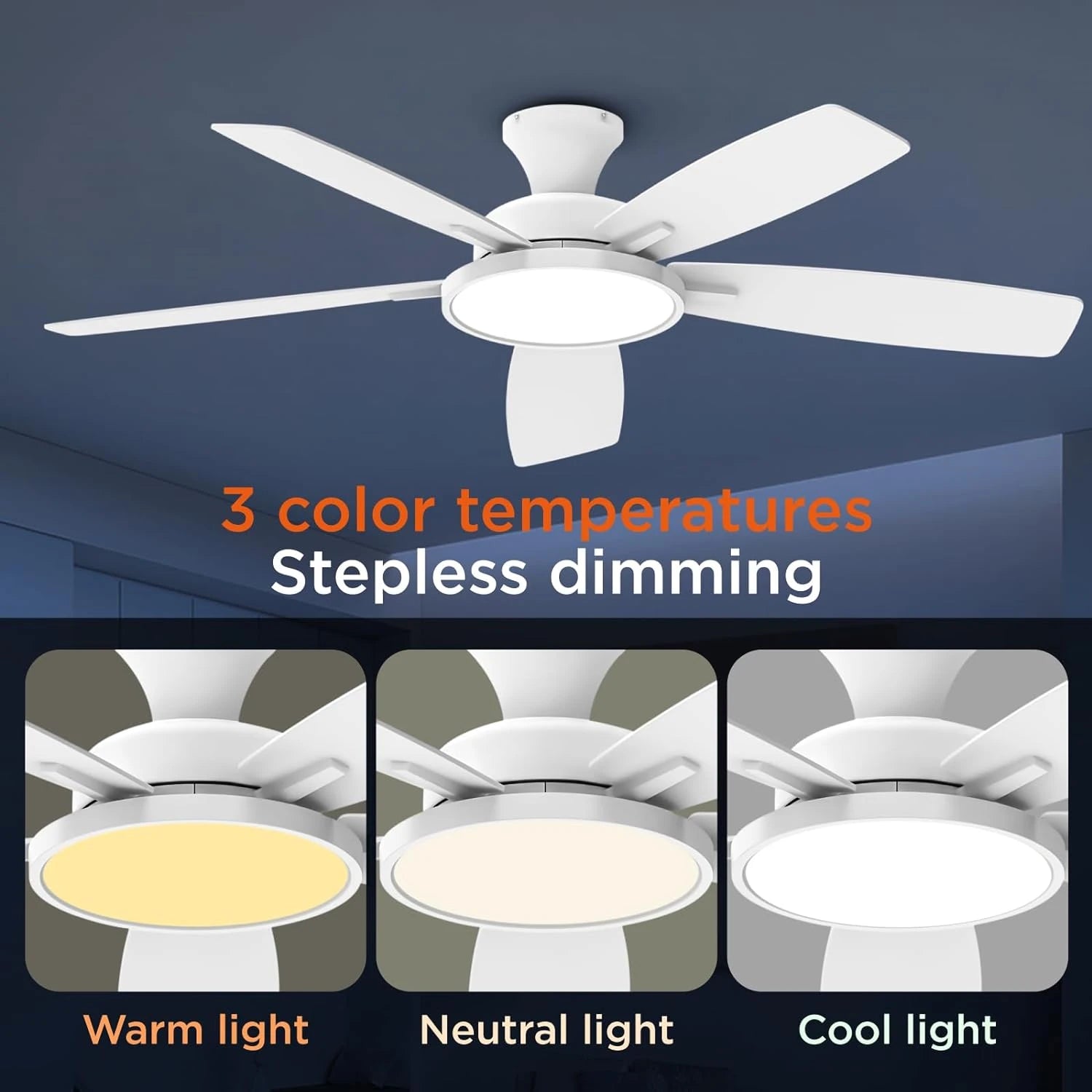 52 inch Indoor Ceiling Fan with LED Light, Stepless 3 CCT