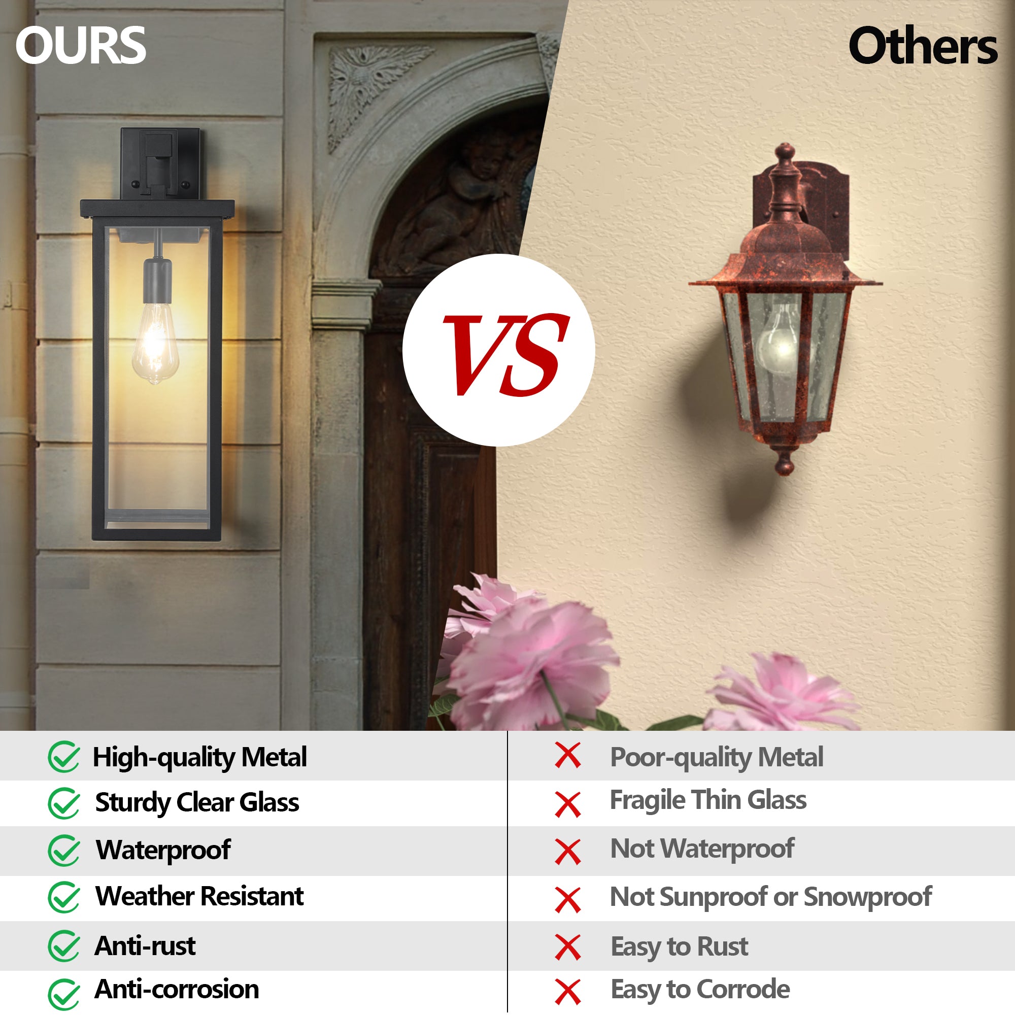 Outdoor Rectangular Glass Wall Sconce, 2 Packs