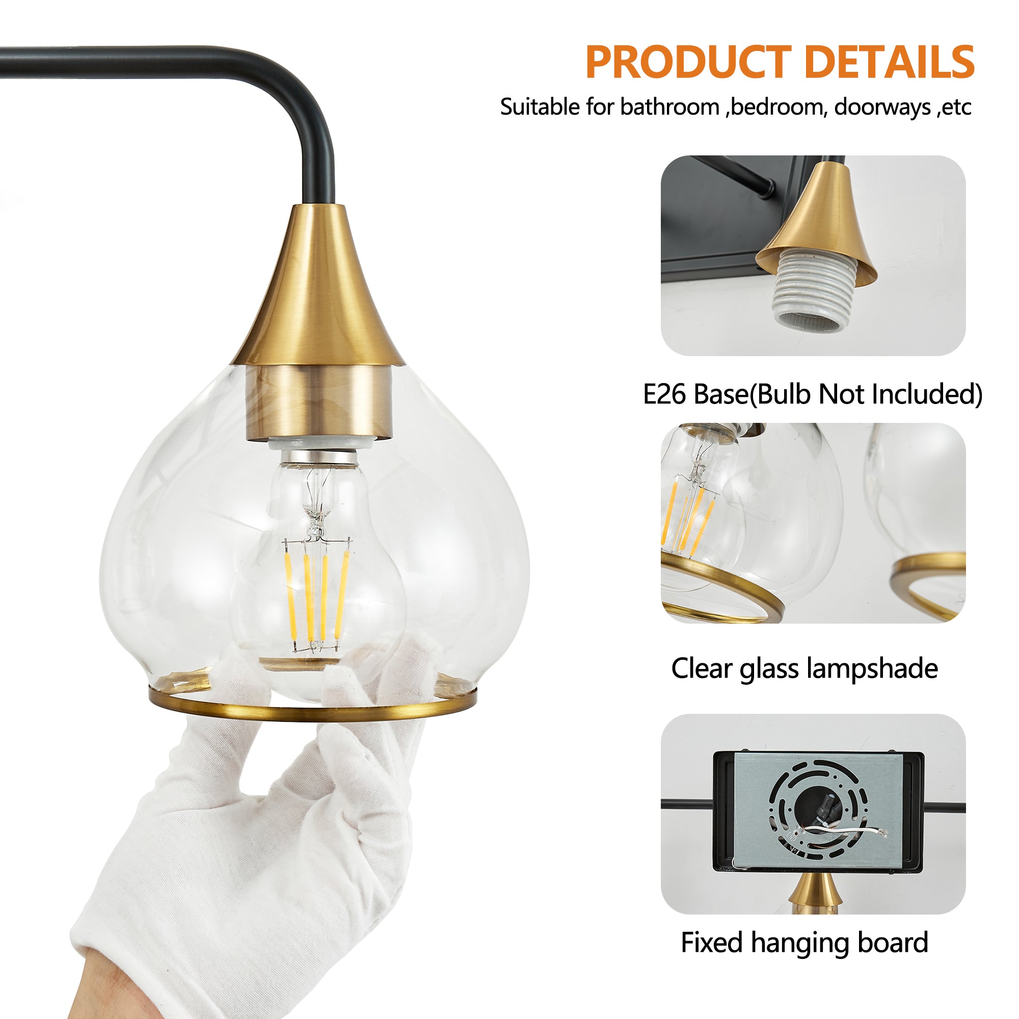 Black and Gold Bathroom Vanity Light Glass Shade