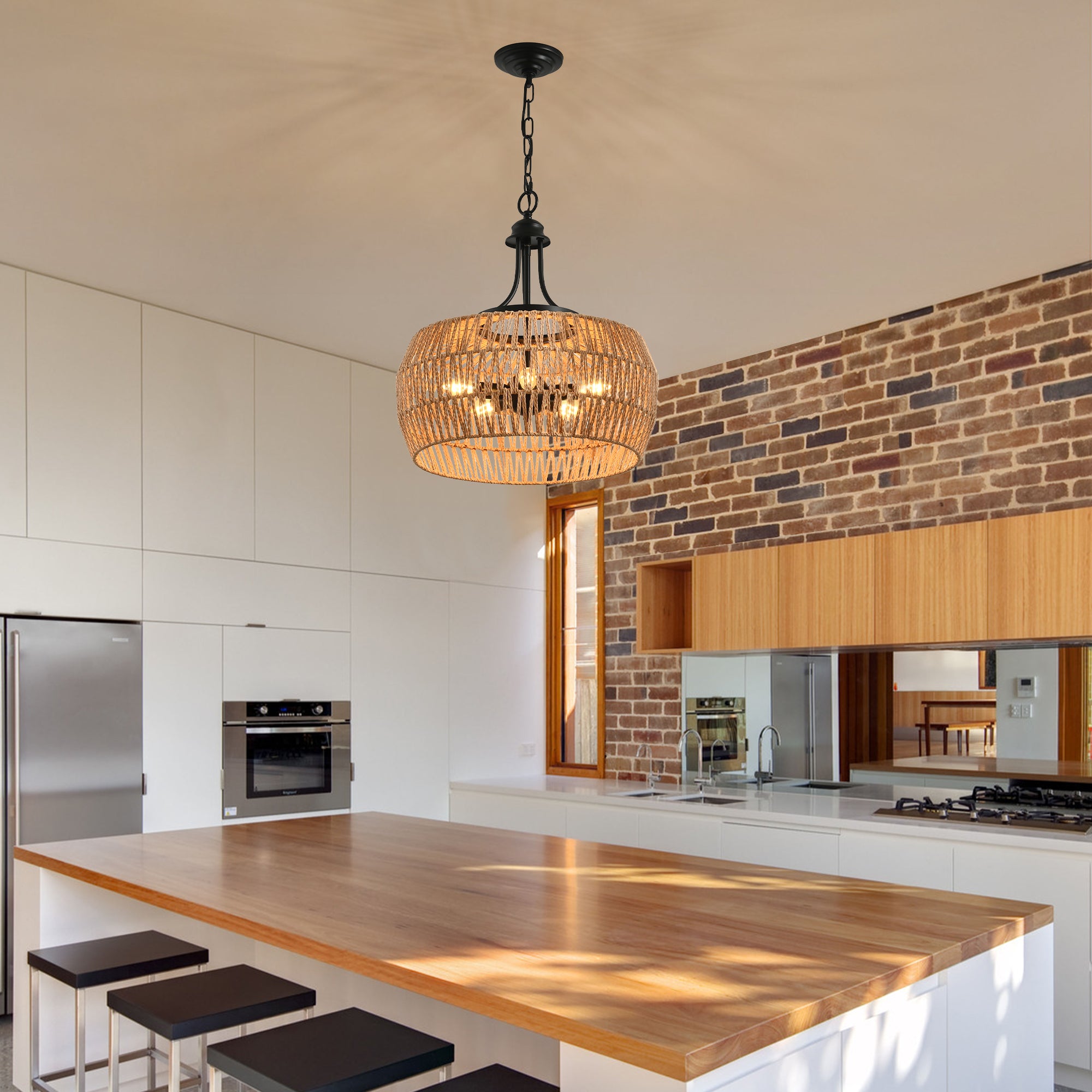 5-Light Rattan Pendant Light with Wicker Lampshade