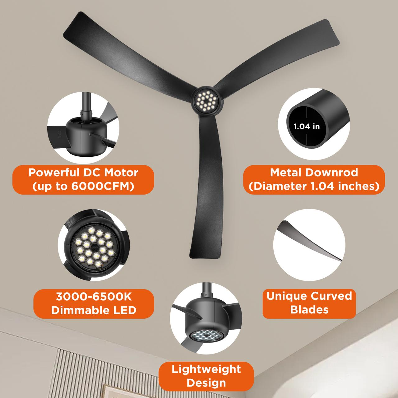 I3 52 Inch Downrod LED Fan Lighting, ABS Blades