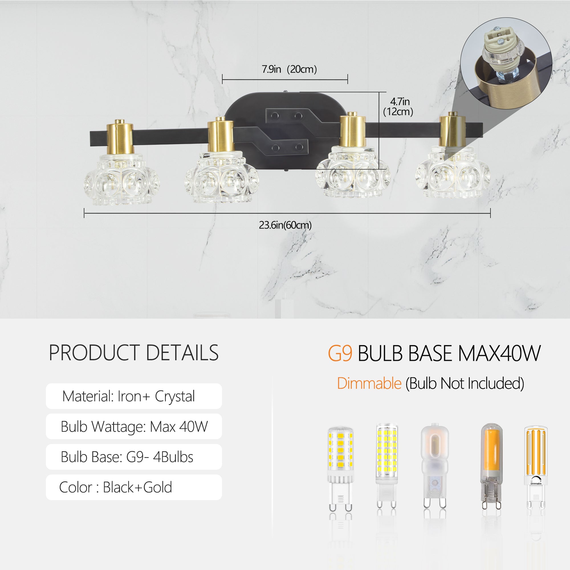 Vintage 4-Light Wall Sconce with Clear Crystal Shades