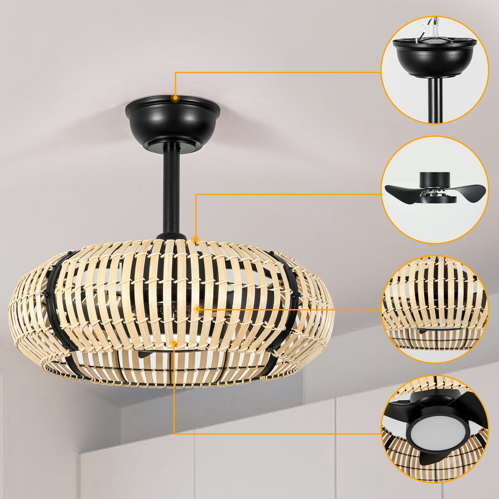 20 Inch LED Caged Bamboo Chip Ceiling Fan
